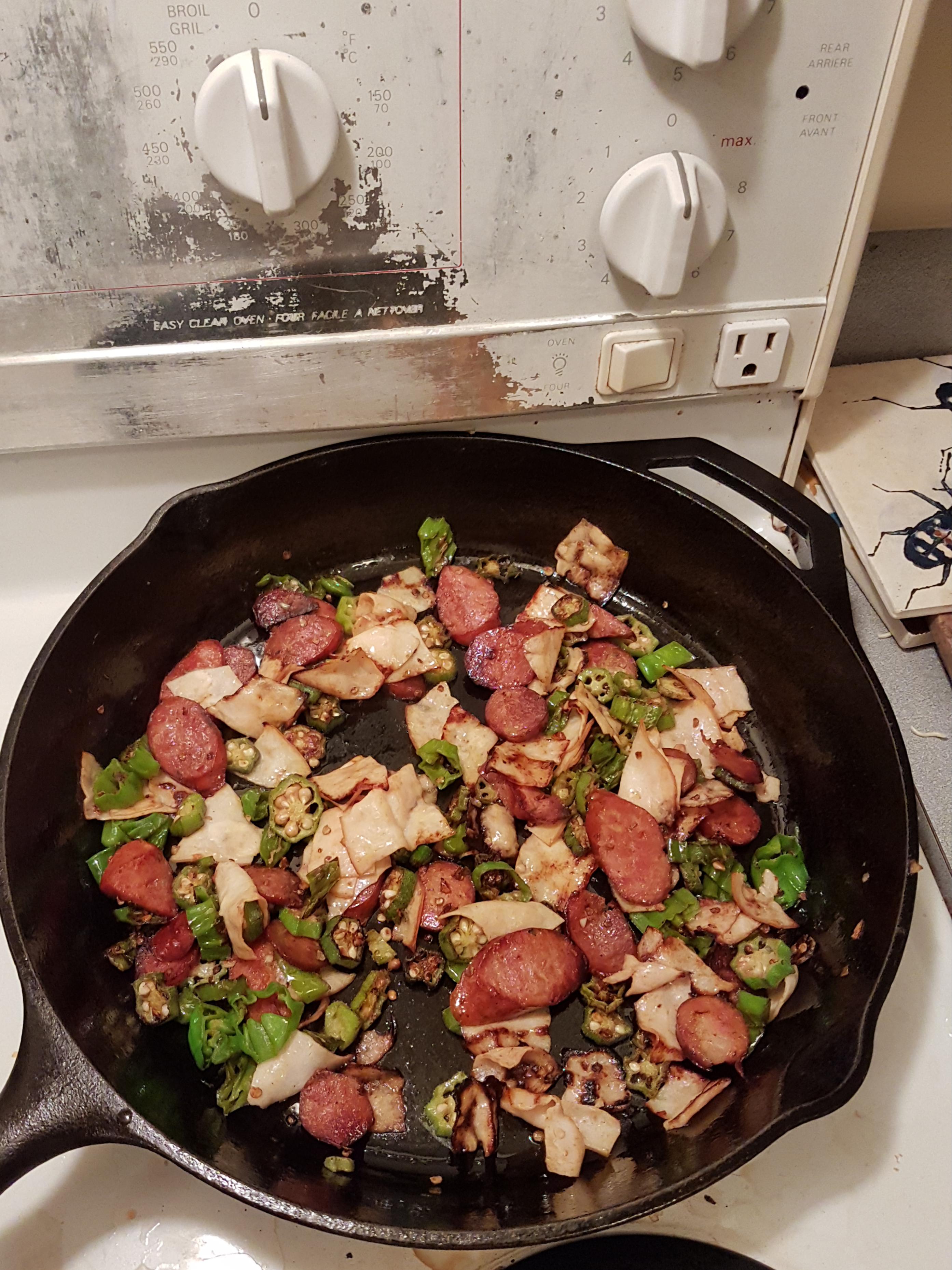 Andouille, Shishito, Okra & Chicken Jambalaya Topping in the Lodge r