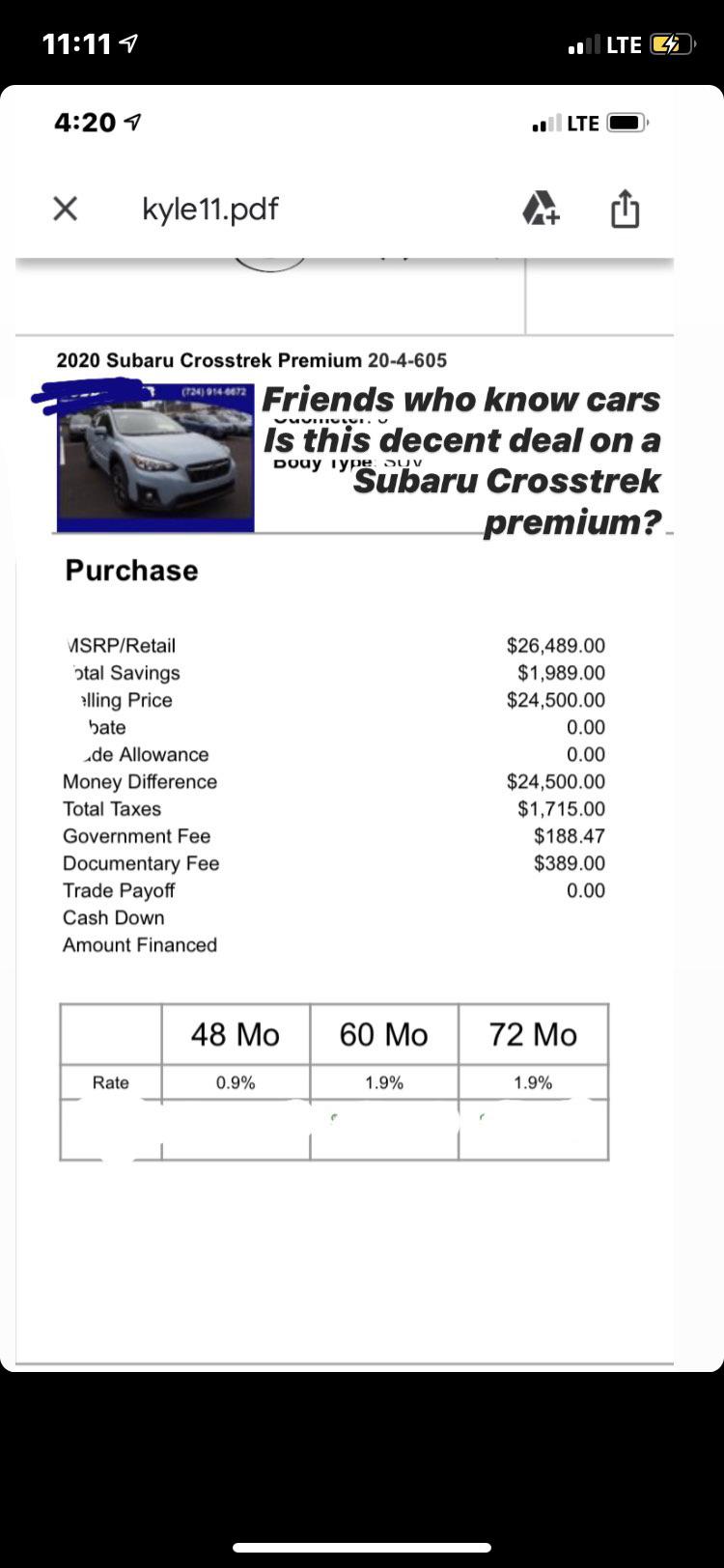 Is this an ok cost for a Crosstrek Premium? The dealership quoted me