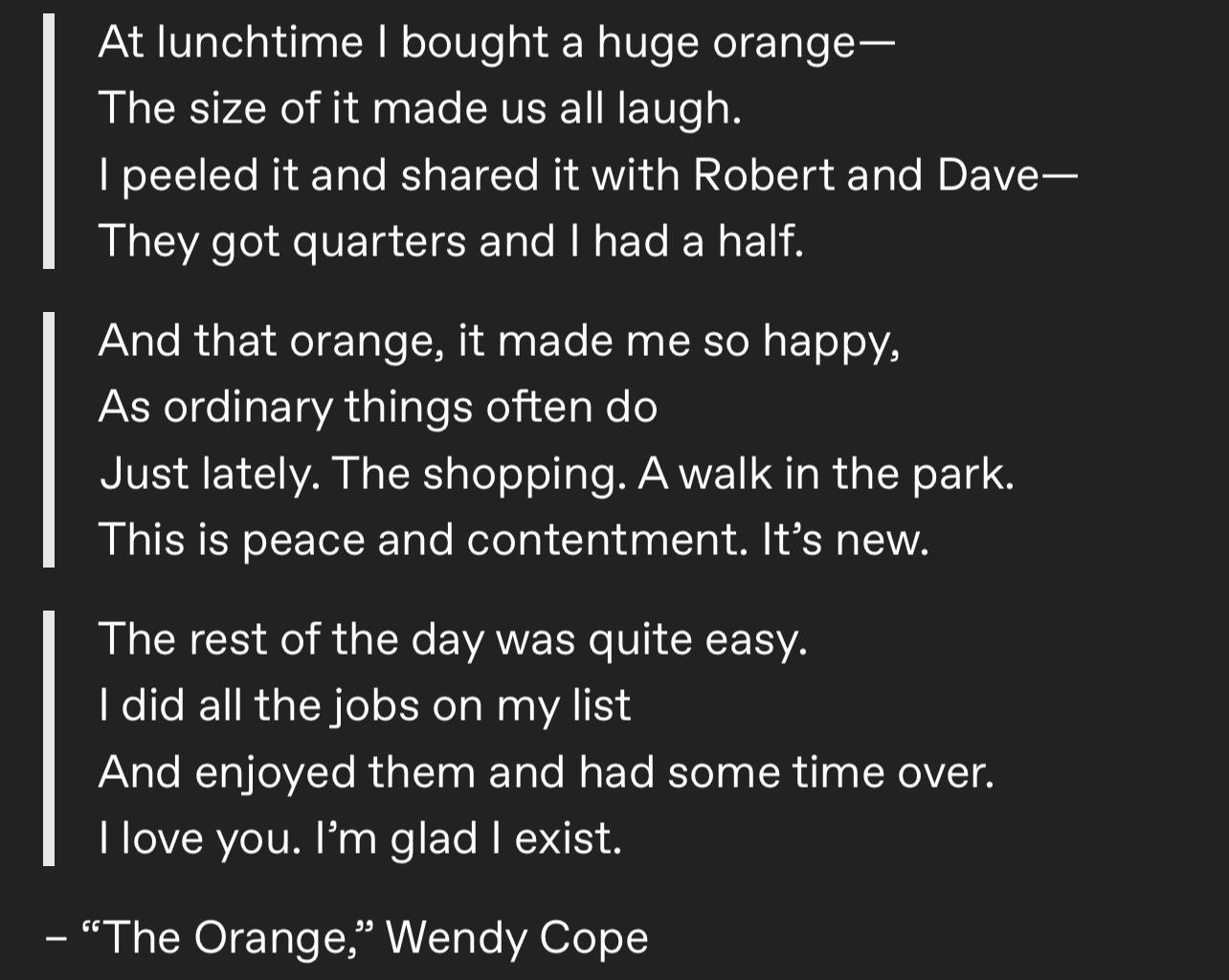 [POEM] The Orange by Wendy Cope r/Poetry