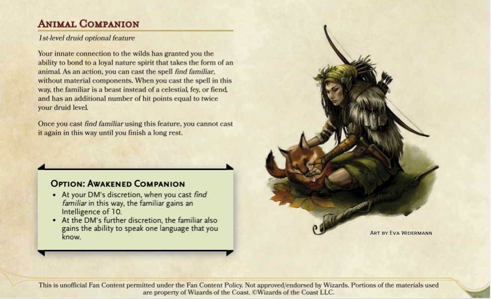 Optional Druid Feature Animal Companion A loyal animal buddy for the
