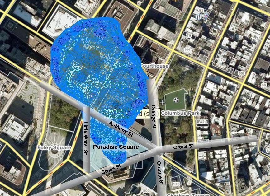 The Five Points and the Collect Pond superimposed over current day