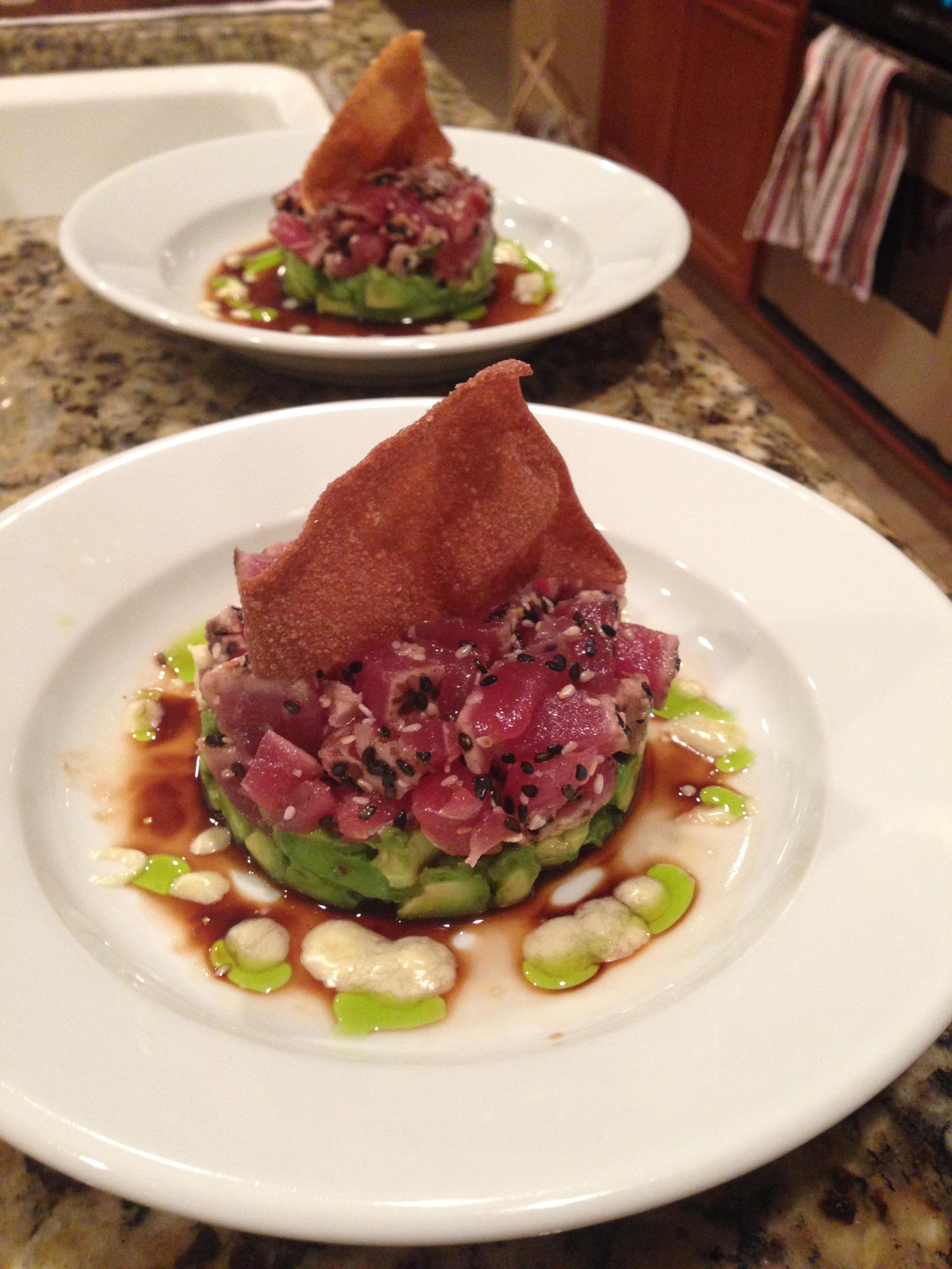 [homemade] seared ahi tuna, avocado, won ton chop, soy/miso sauce