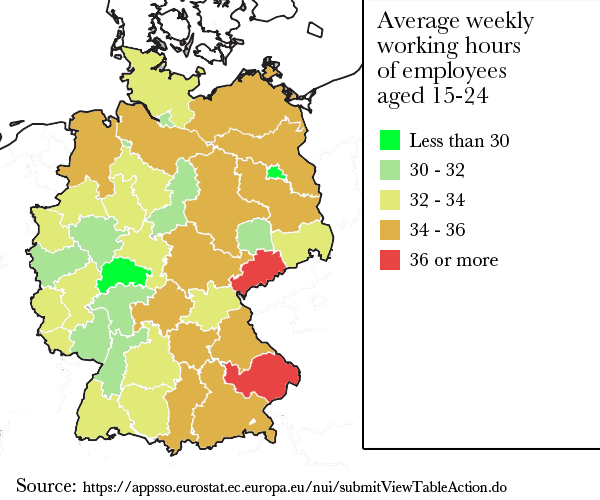 Average working hours of German employees aged 1524 [OC] [600x500] r