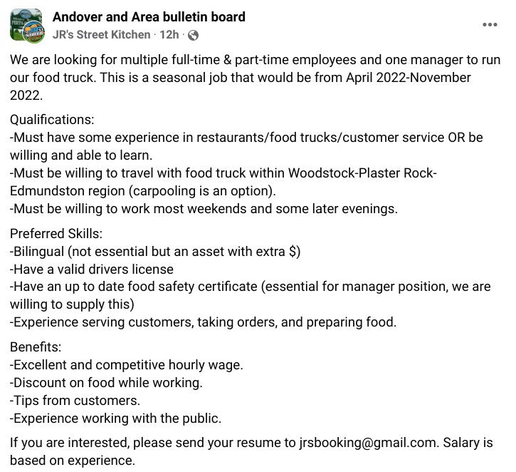 Perth/Woodstock/Plaster Rock job opportunity with food truck, no