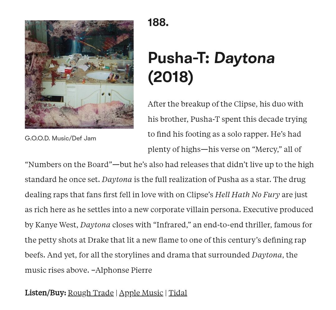 Pitchfork ranks DAYTONA as the 188th best album of the decade! r/KingPush