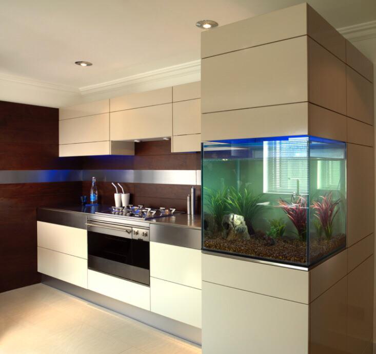 Never seen a fish tank placement like this in a kitchen...sleek r/Luxury