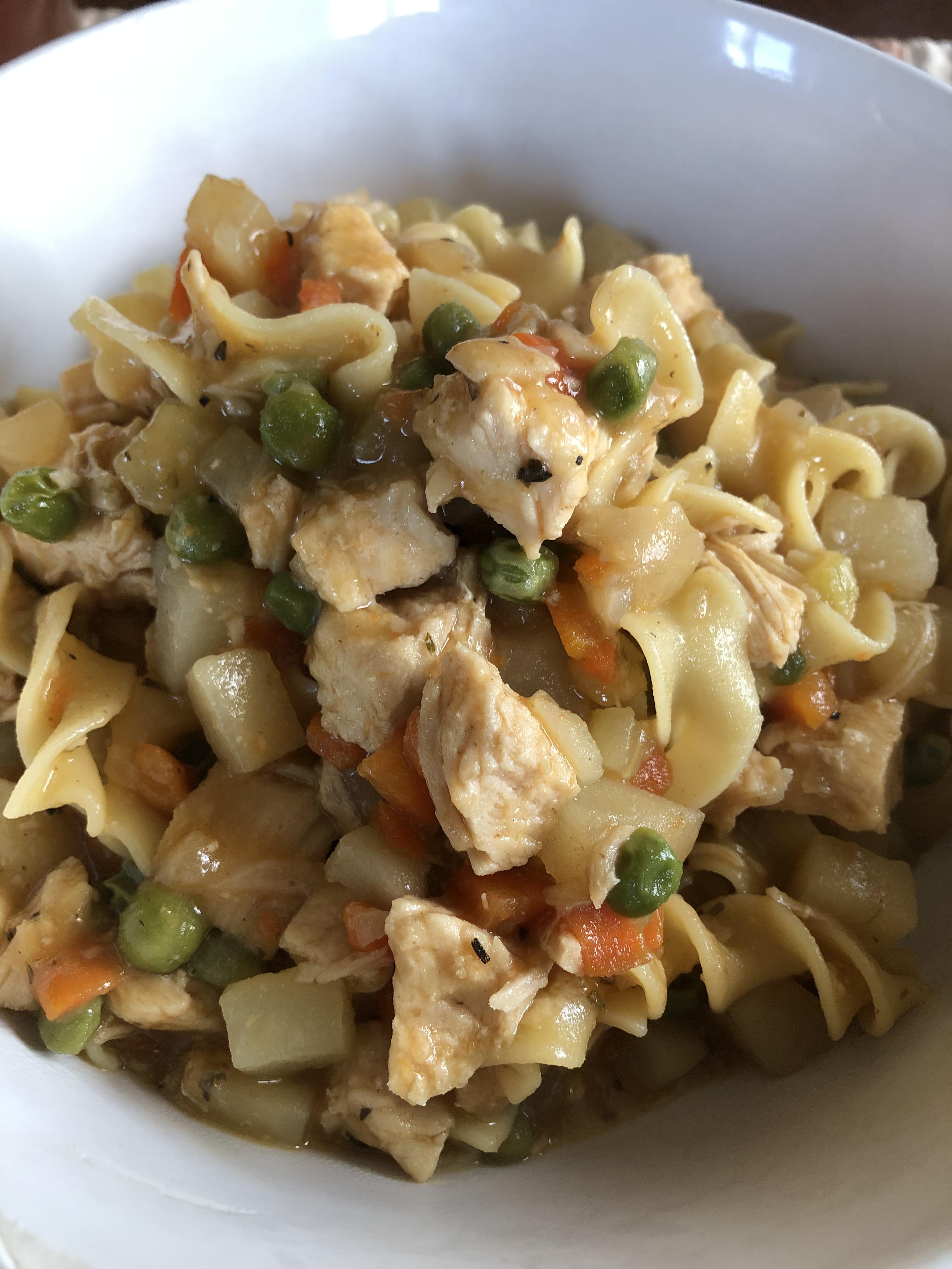 Chicken noodle stew the result of foraging in the kit hen to see what