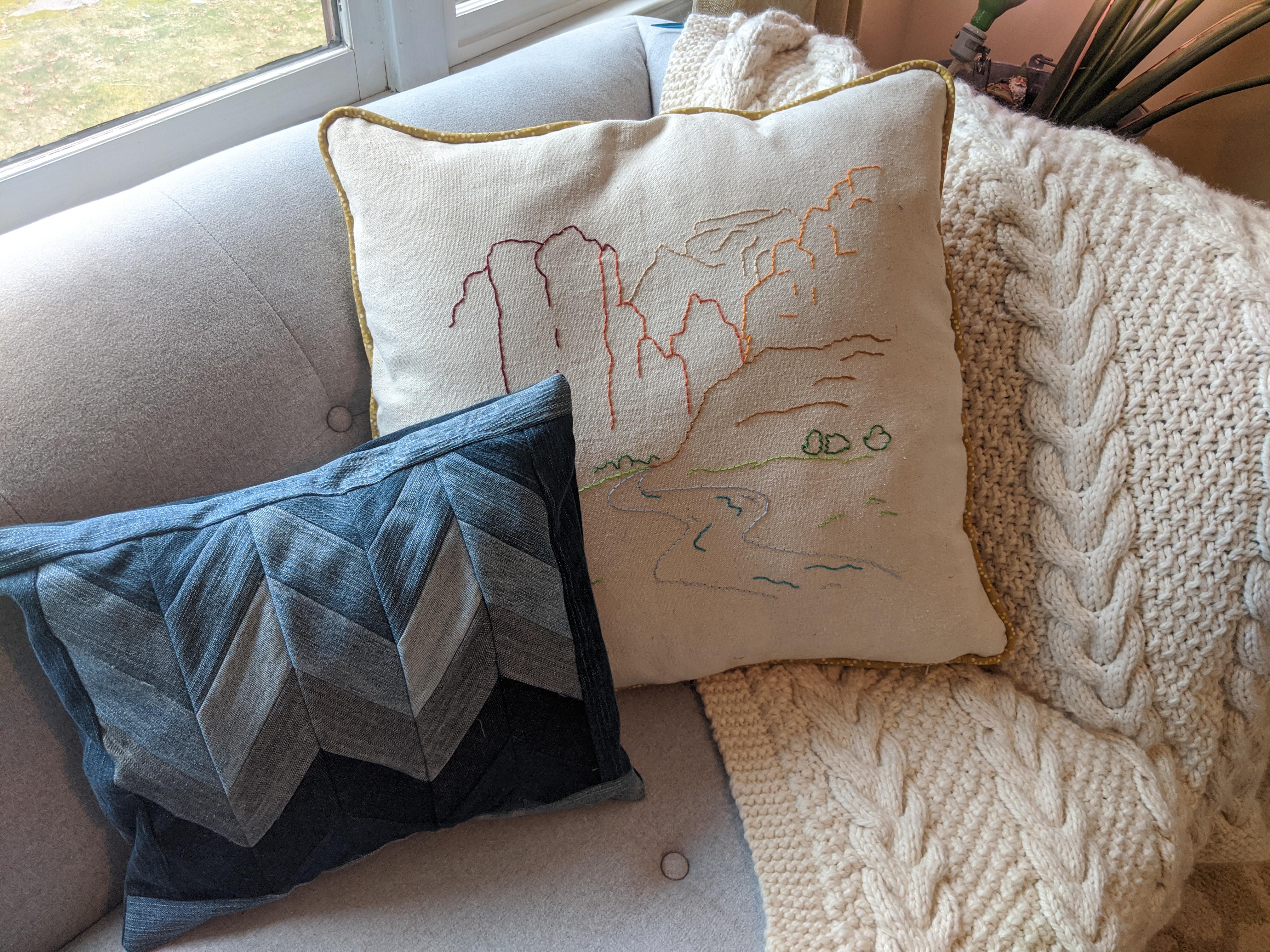 I'm proud of this couch corner quilted denim pillow, embroidered