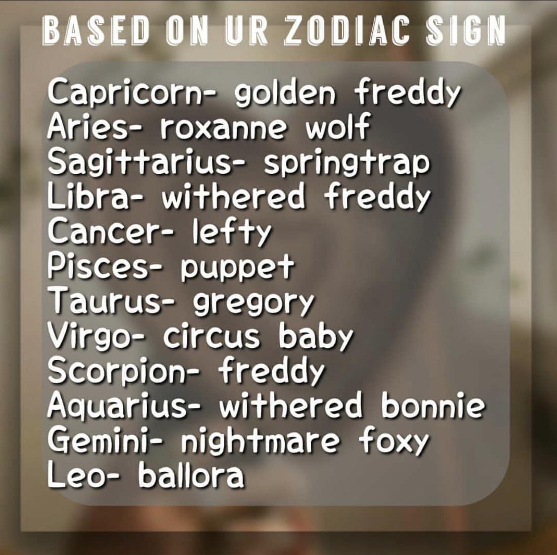 FNaF characters based on your zodiac sign D (Made by me lol) r/fivenightsatfreddys