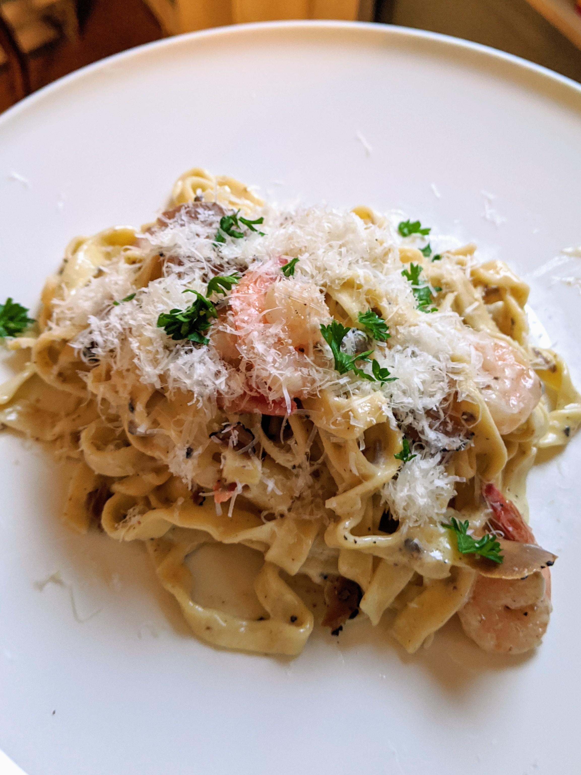 [homemade] fresh fettuccine with black truffle cream sauce and shrimp