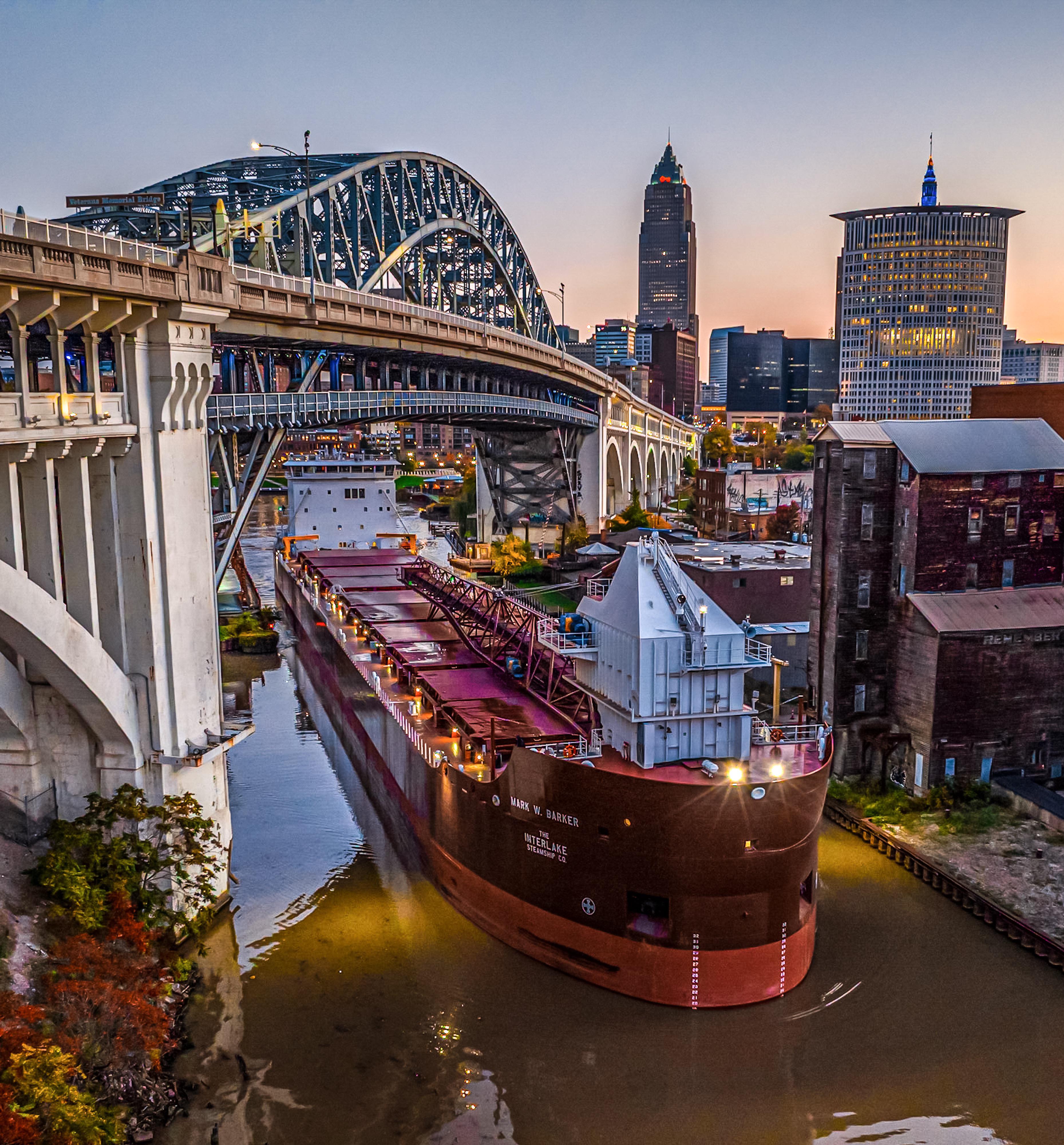 Following this 600ft boat along the Cuyahoga River in Cleveland with my