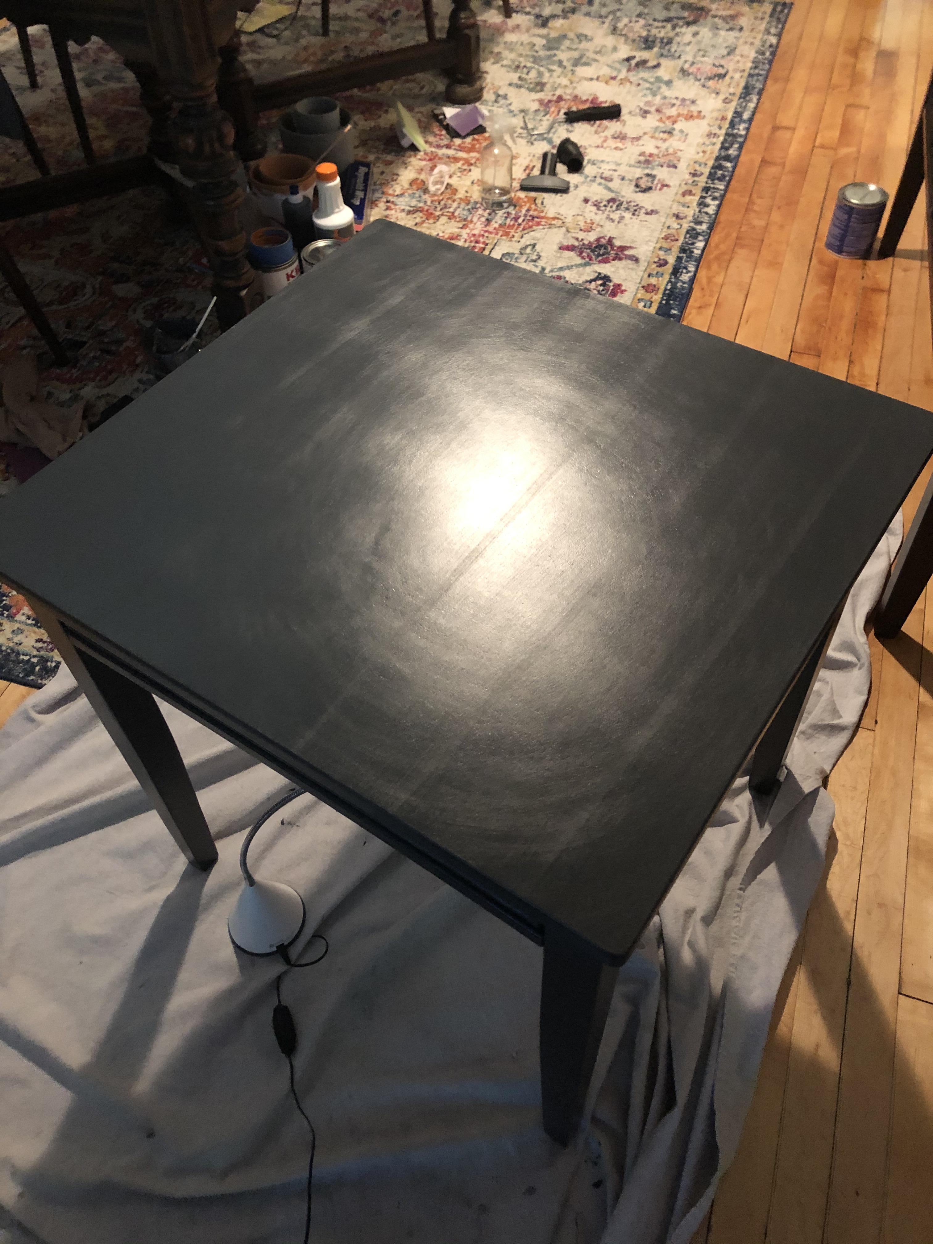 Hi! I’m painting laminate side tables, but getting this streaky top