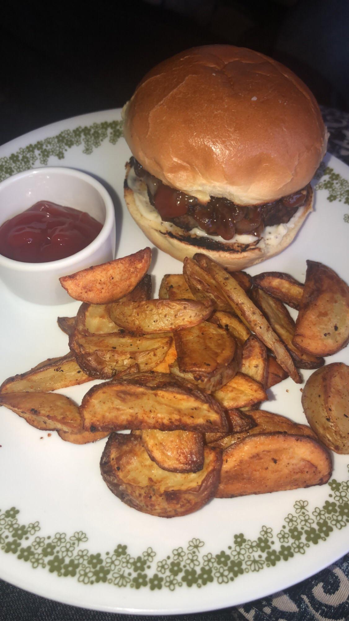 Melty Monterey Jack Burgers with onion jam, garlic mayo & crispy potato