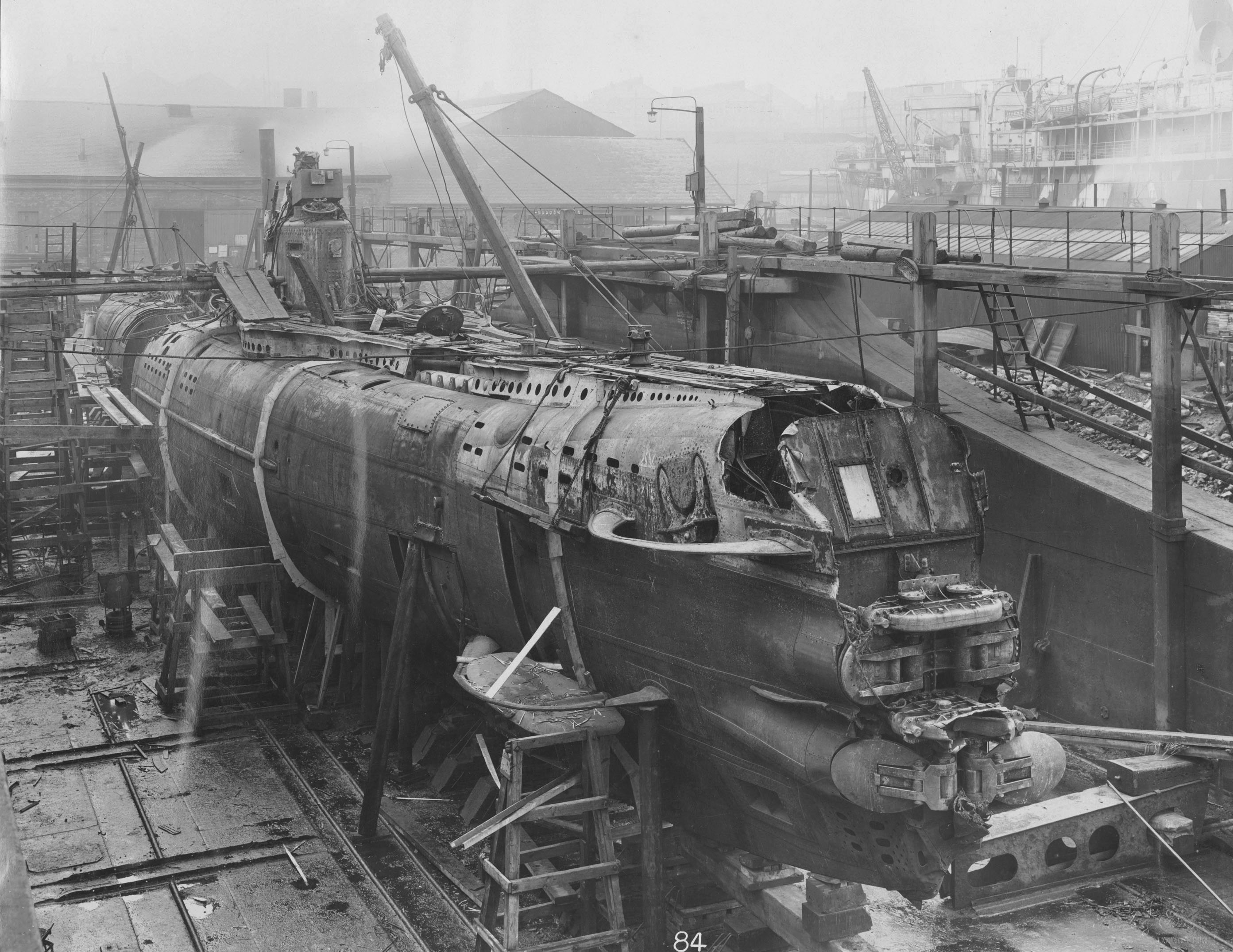 German UBoat 110 in dry dock after being raised from her sinking by