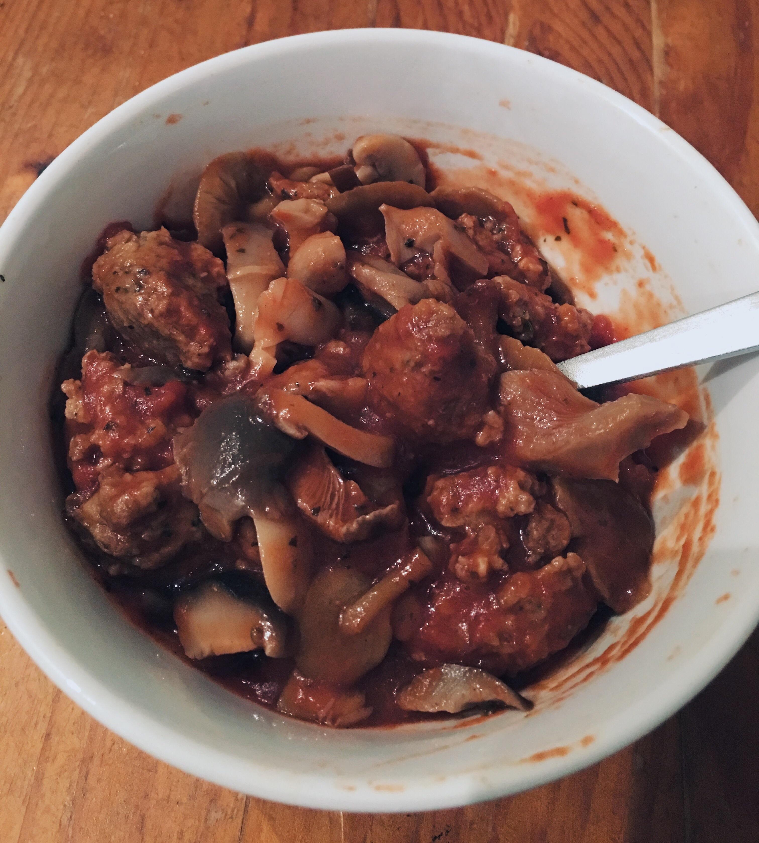 (Vegetarian!) Gardein meatless meatballs and assorted mushrooms with
