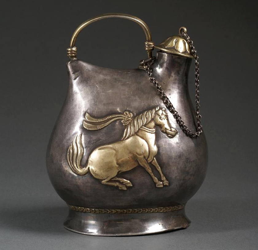 Silver flask with a dancing horse holding a cup in its mouth. China