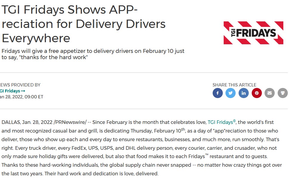 Thursday, Feb 10! TGI Fridays Shows APPreciation for Delivery Drivers