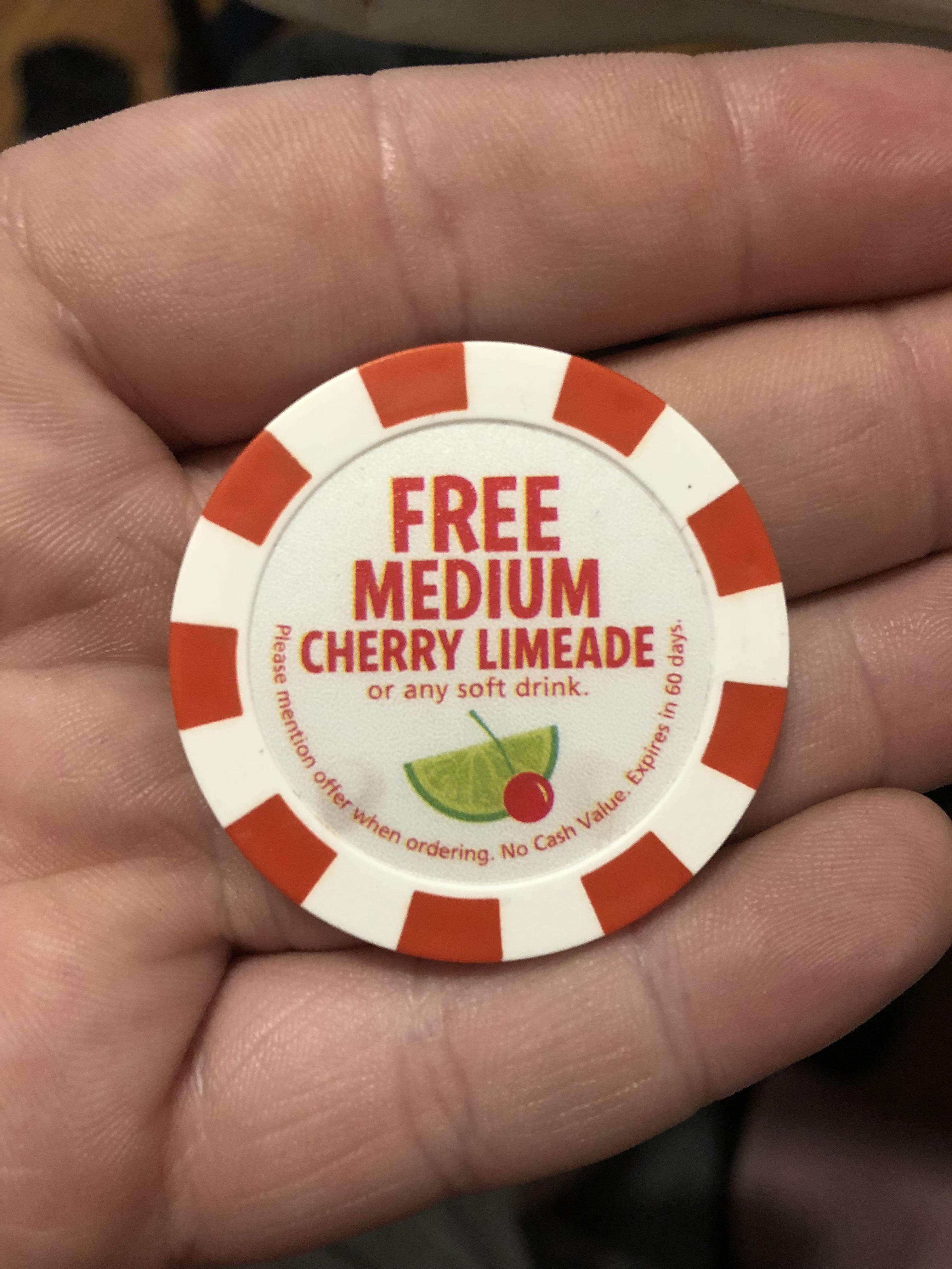 This coupon I got from Sonic is a poker chip. r/mildlyinteresting