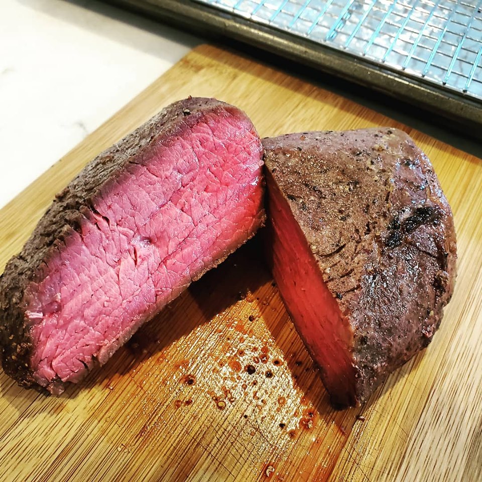 Sirloin steak, 125degrees for 2.5 hours (from frozen), finished with a