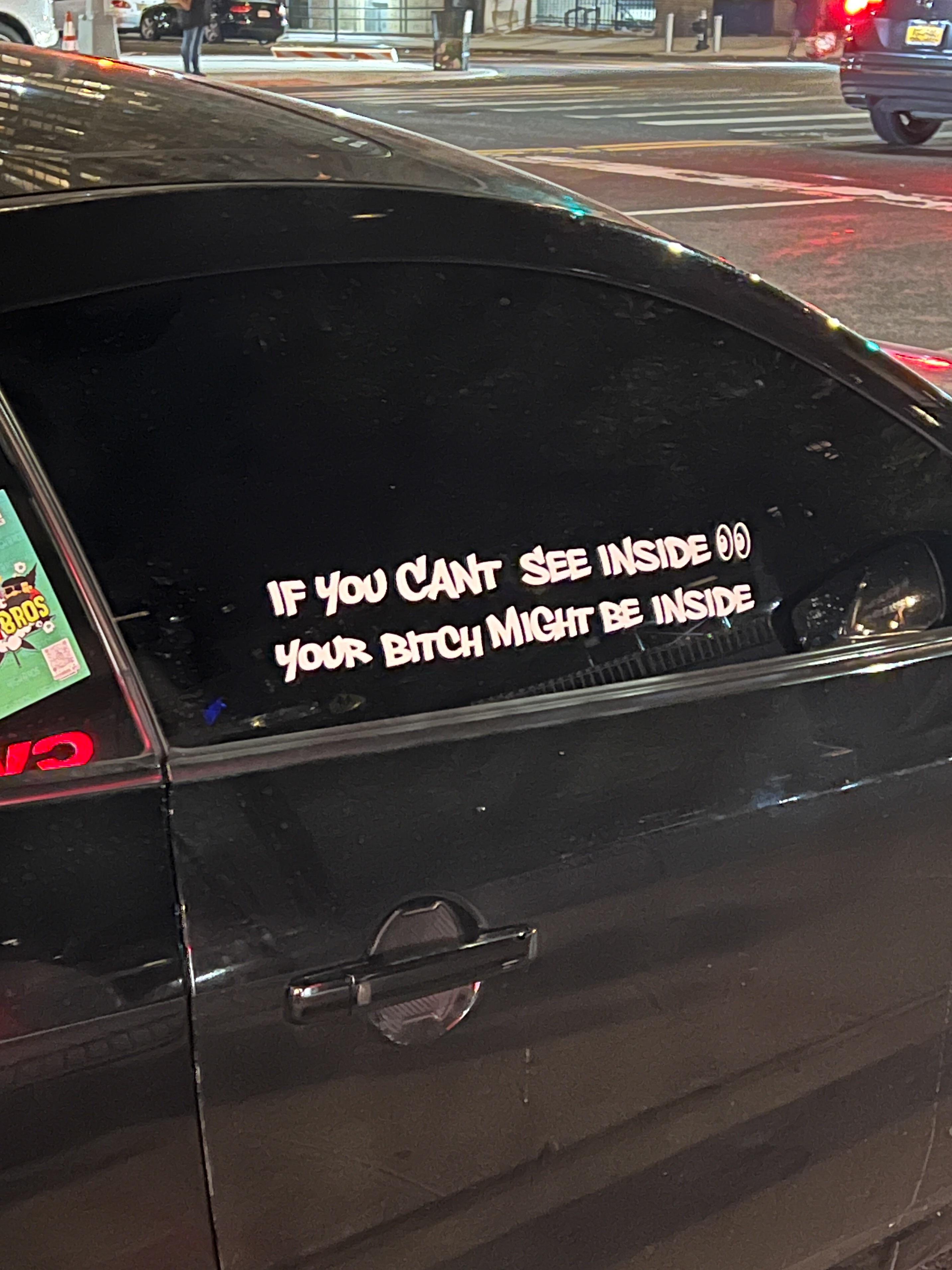 Car decal on tinted window “If you can’t see inside, your b**** might
