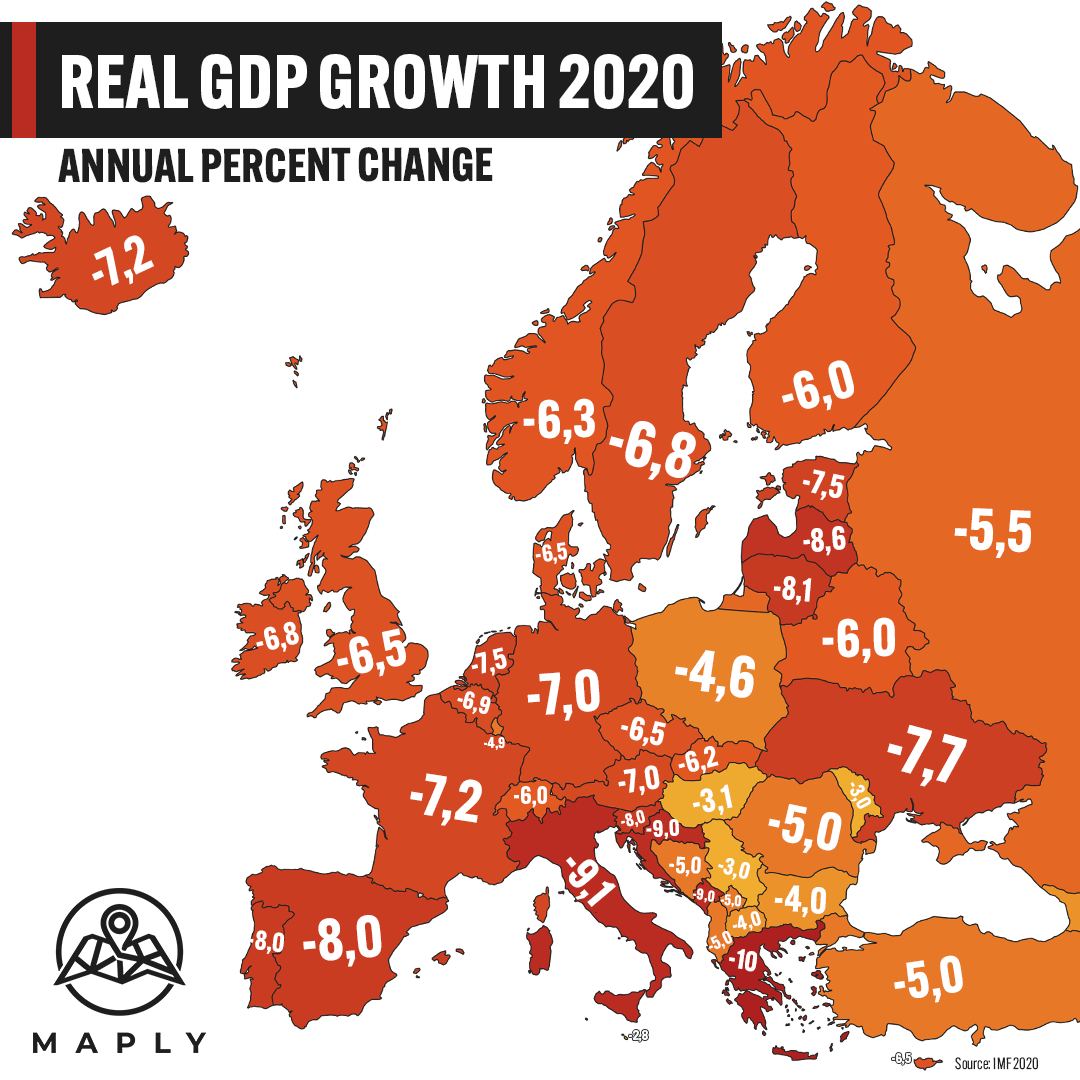 Annual GDP Growth in Europe 2020 r/MapPorn