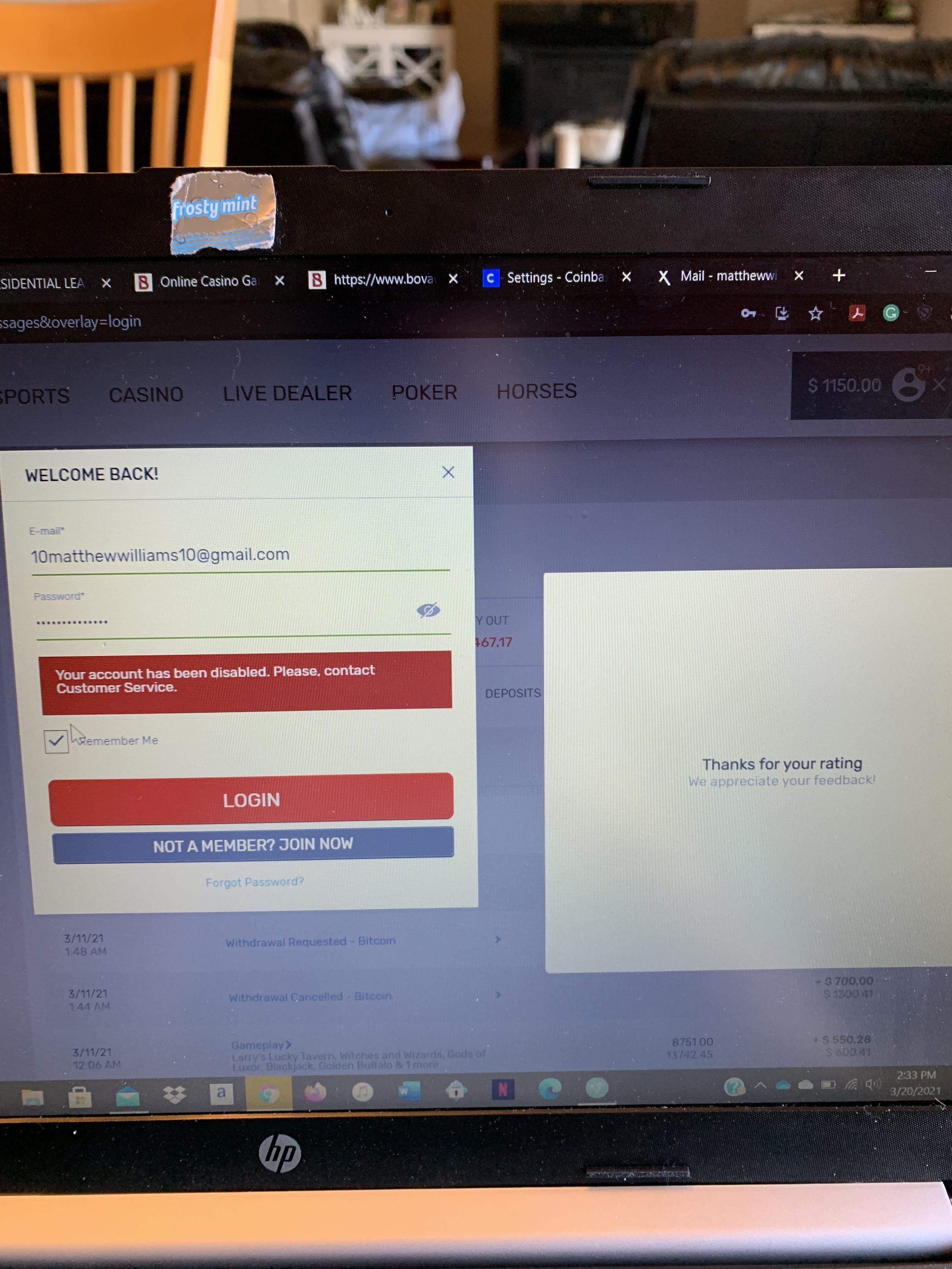 Bovada refusing to pay out my available funds and then locked my