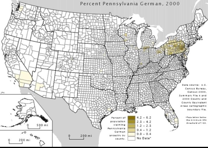 Pennsylvania German (Pennsylvania Dutch) Ethnic map of the United