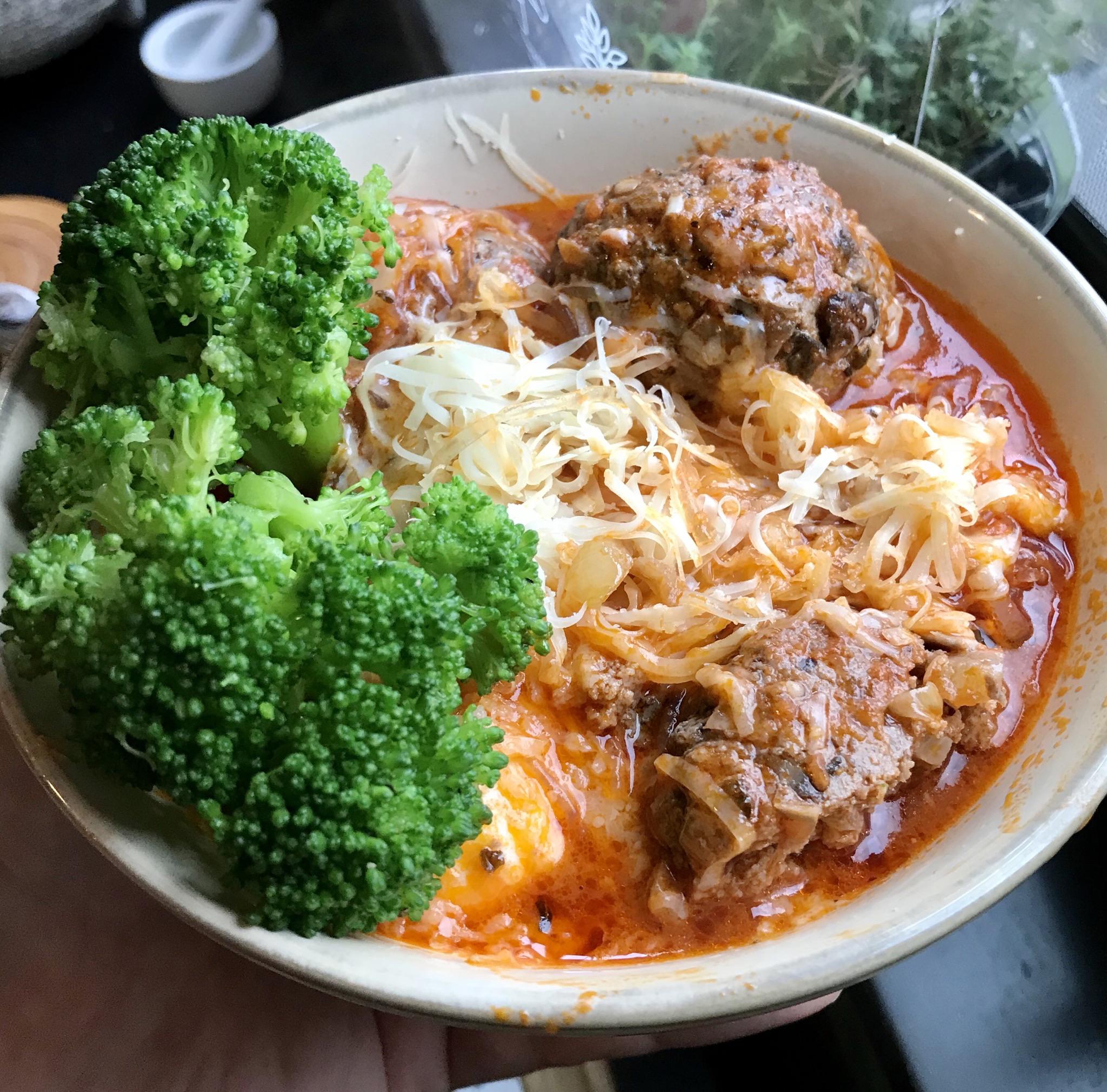 Keto meatballs with kelp noodles, broccoli, and lowcarb Rao’s marinara