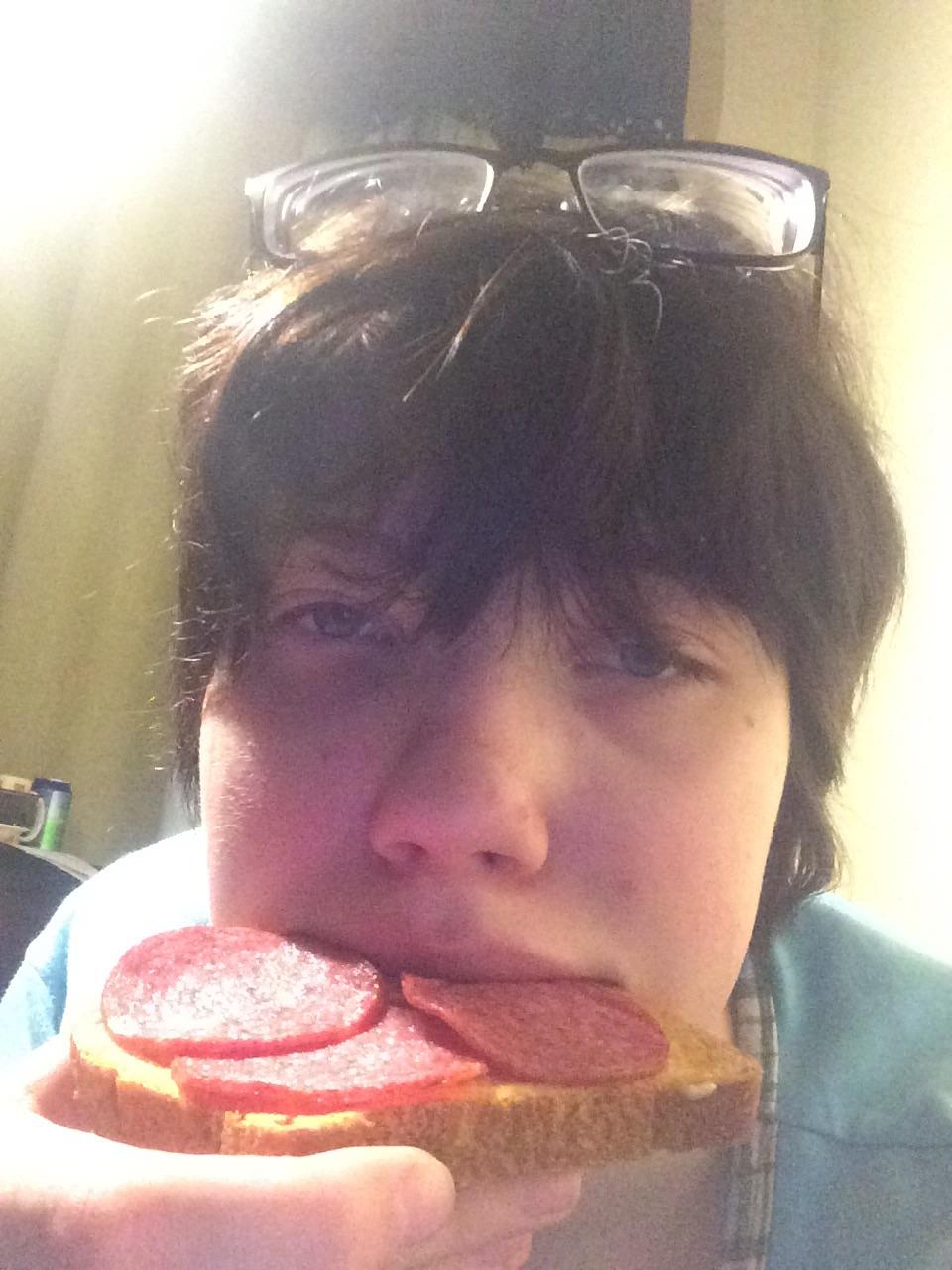 It's 336 AM in the morning and I am eating a salami sandwich! r