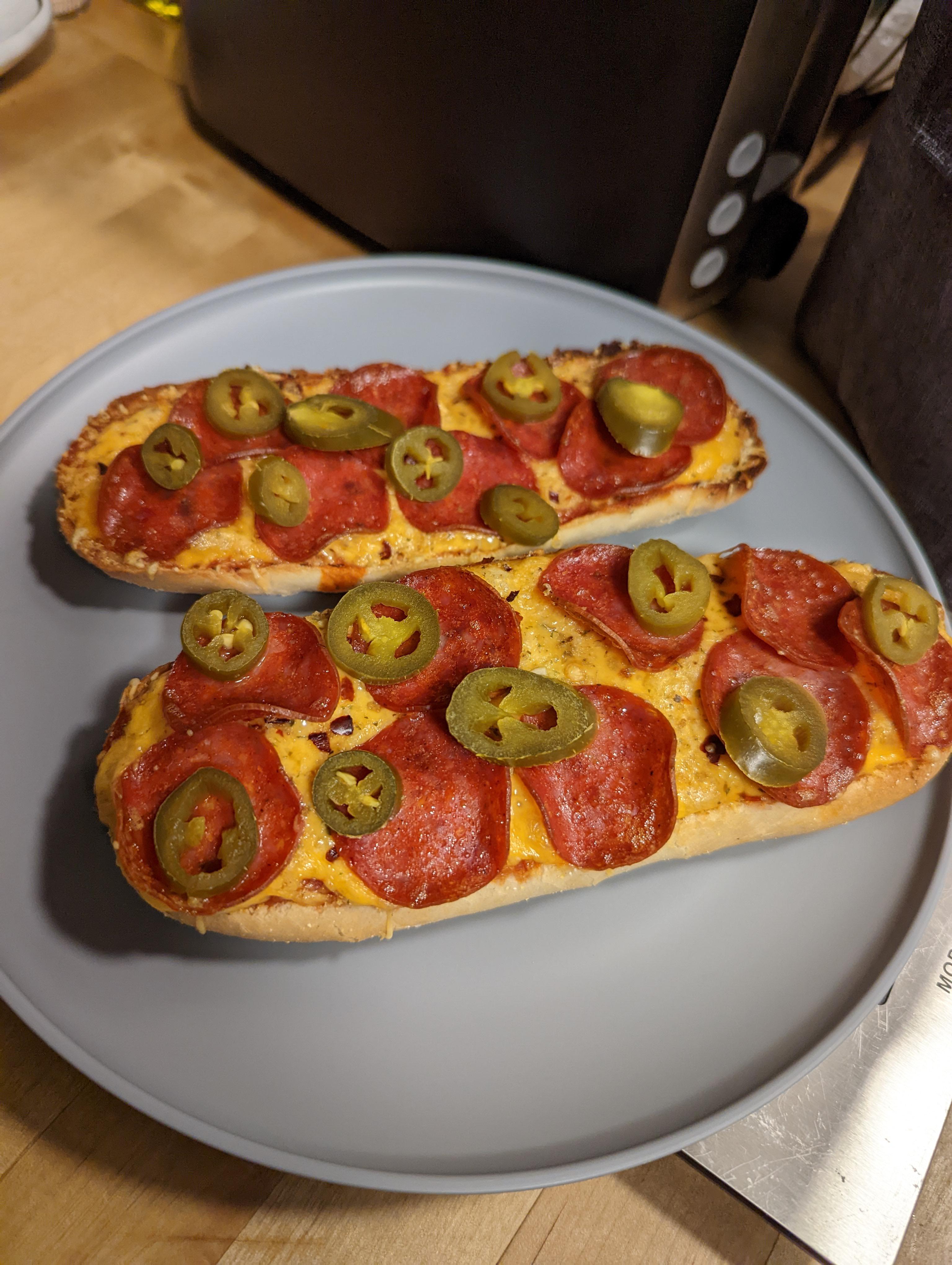 semihomemade french bread pizza! about 500 calories and absolutely