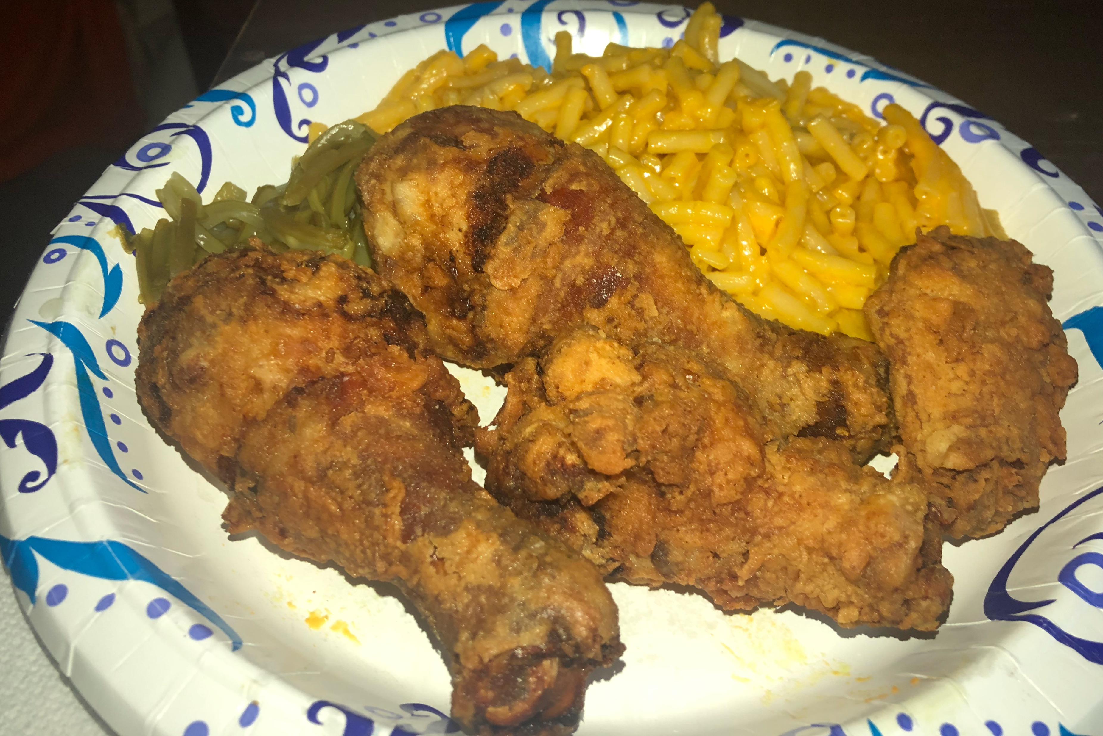 Made myself some fried chicken, macaroni and cheese, and green beans