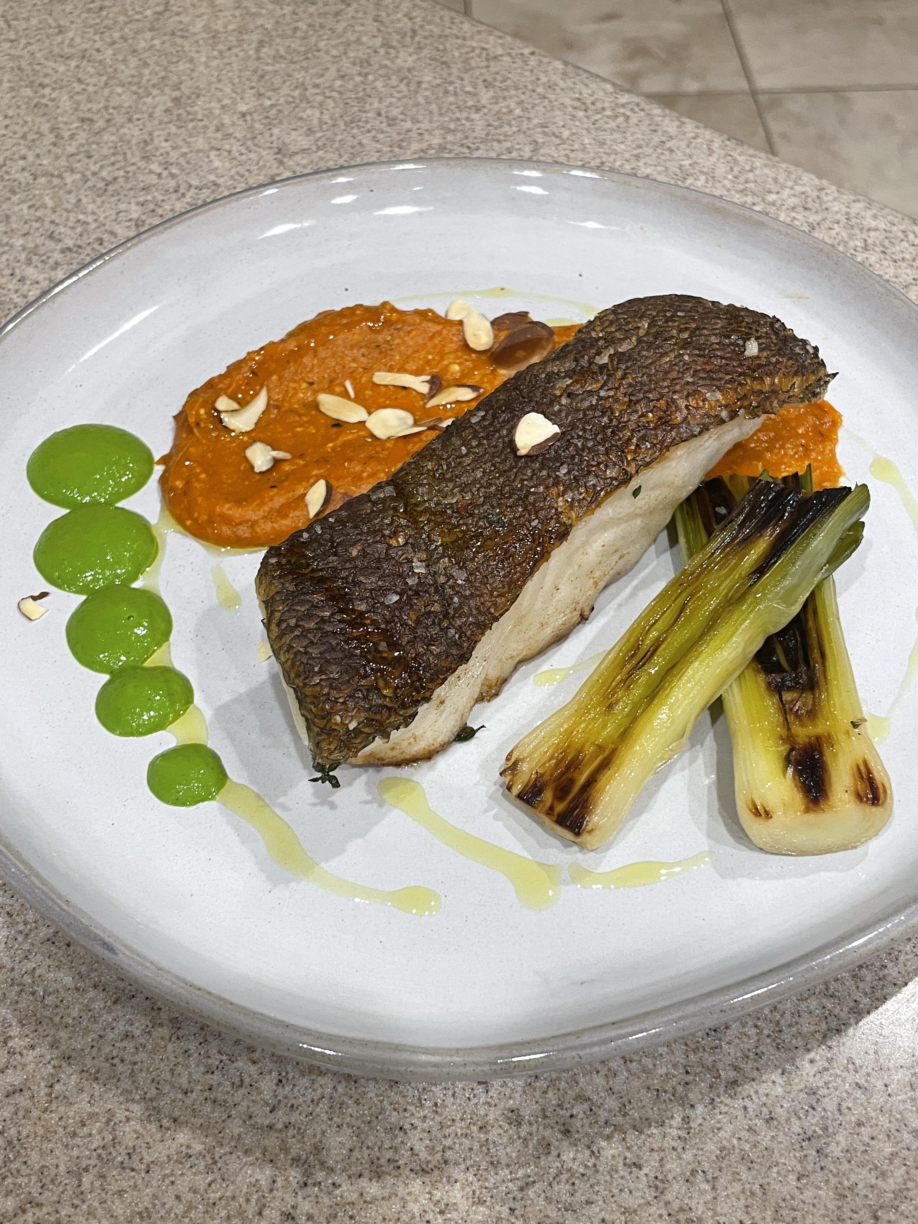 [homemade] Chilean Sea Bass, Braised Leeks, Romesco, Leek Emulsion r/food