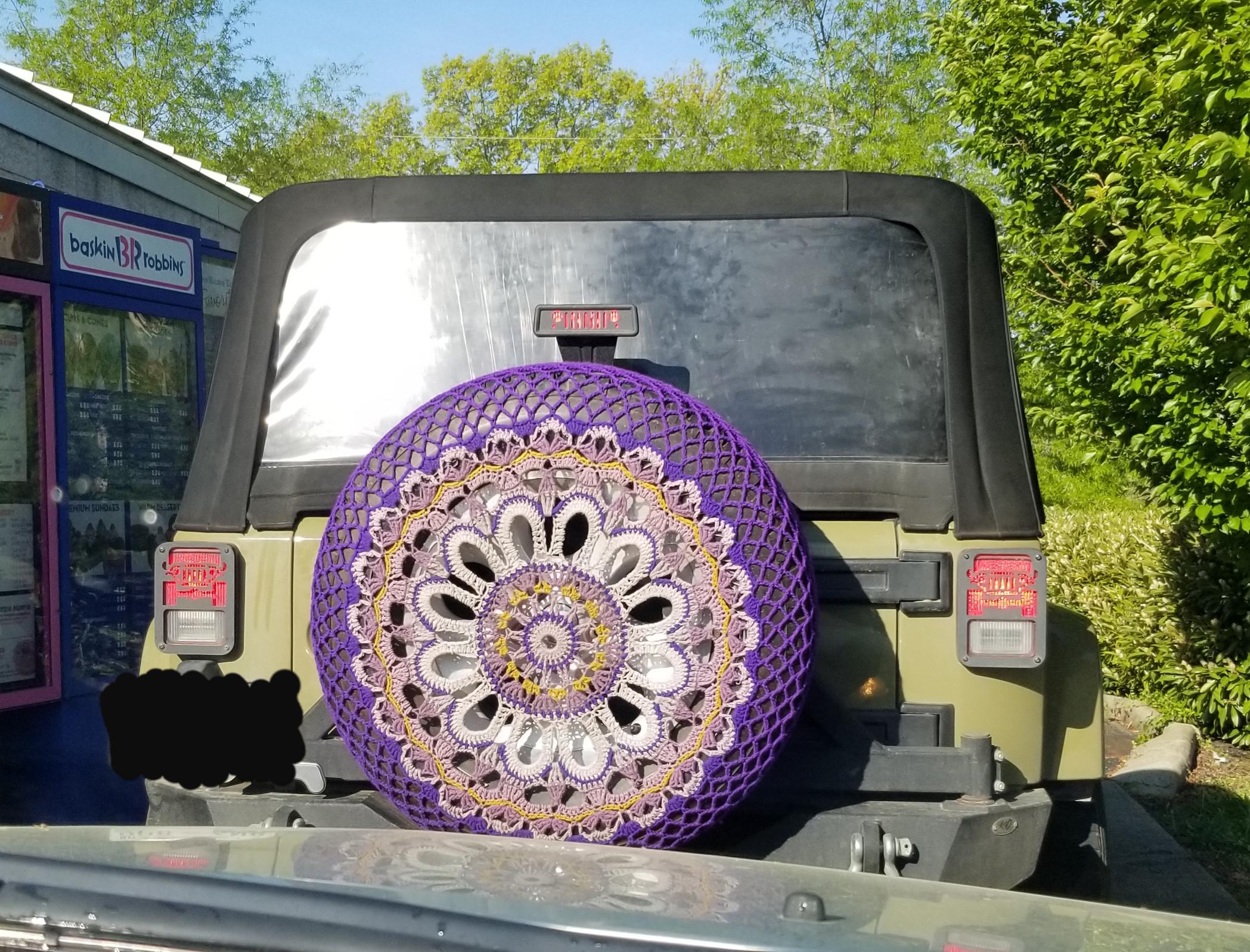A vision in purple; crocheted tire cover. r/crochet