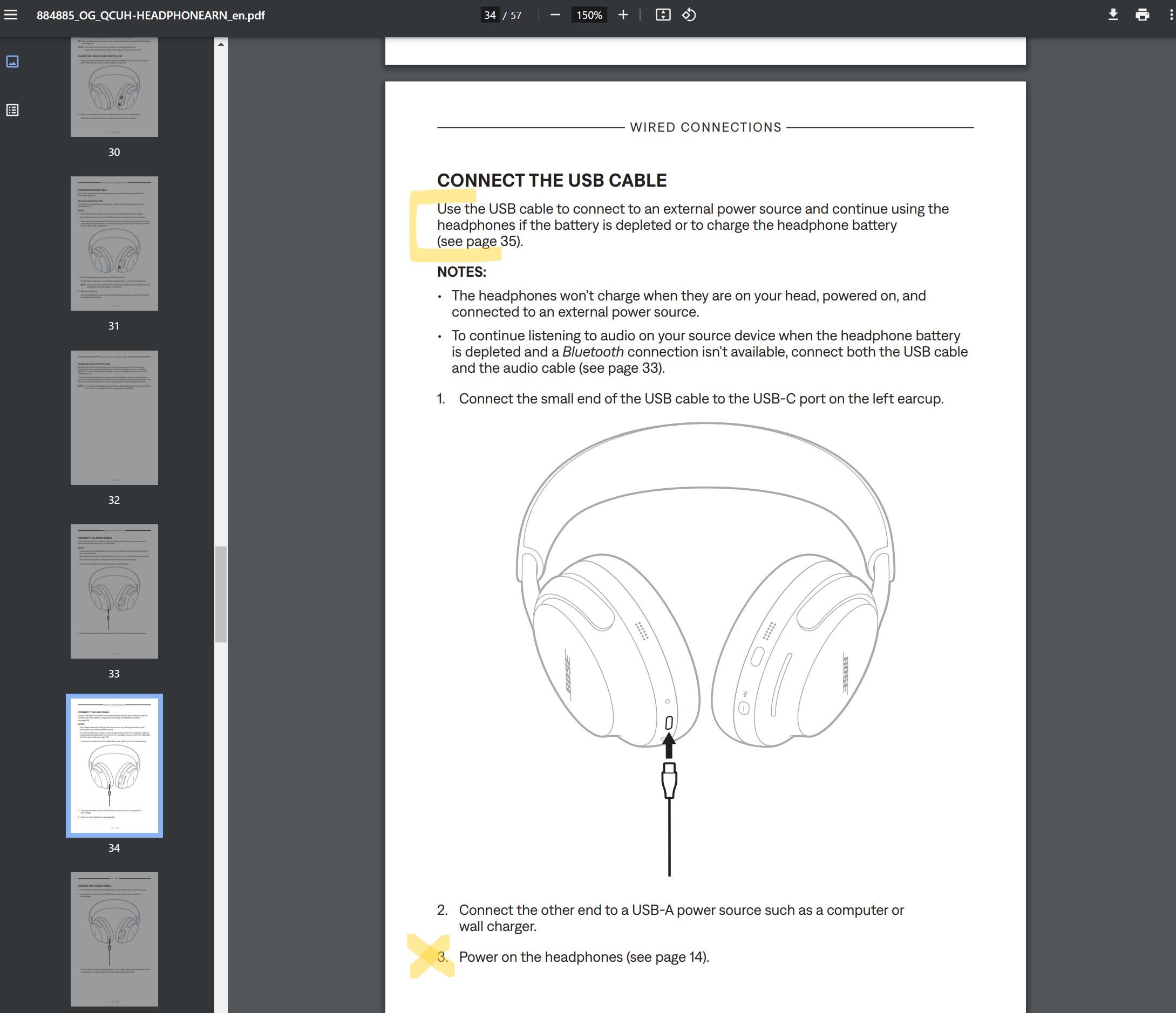 Bose QuietComfort Ultra won't turn on while charging, but user manual