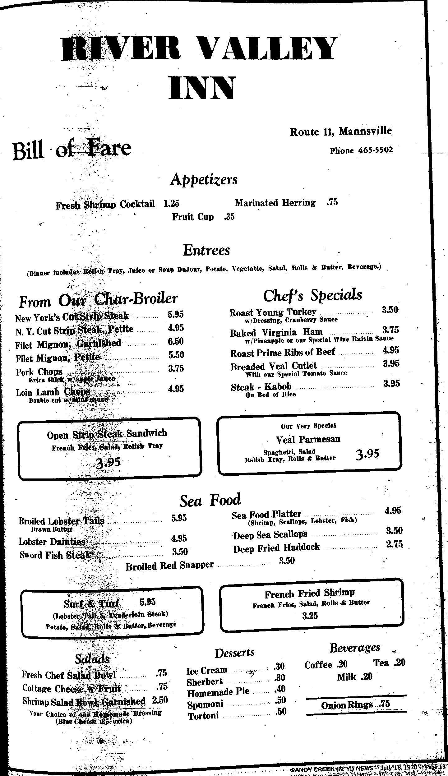 River Valley Inn in Mannsville, NY (July 16, 1970) r/VintageMenus