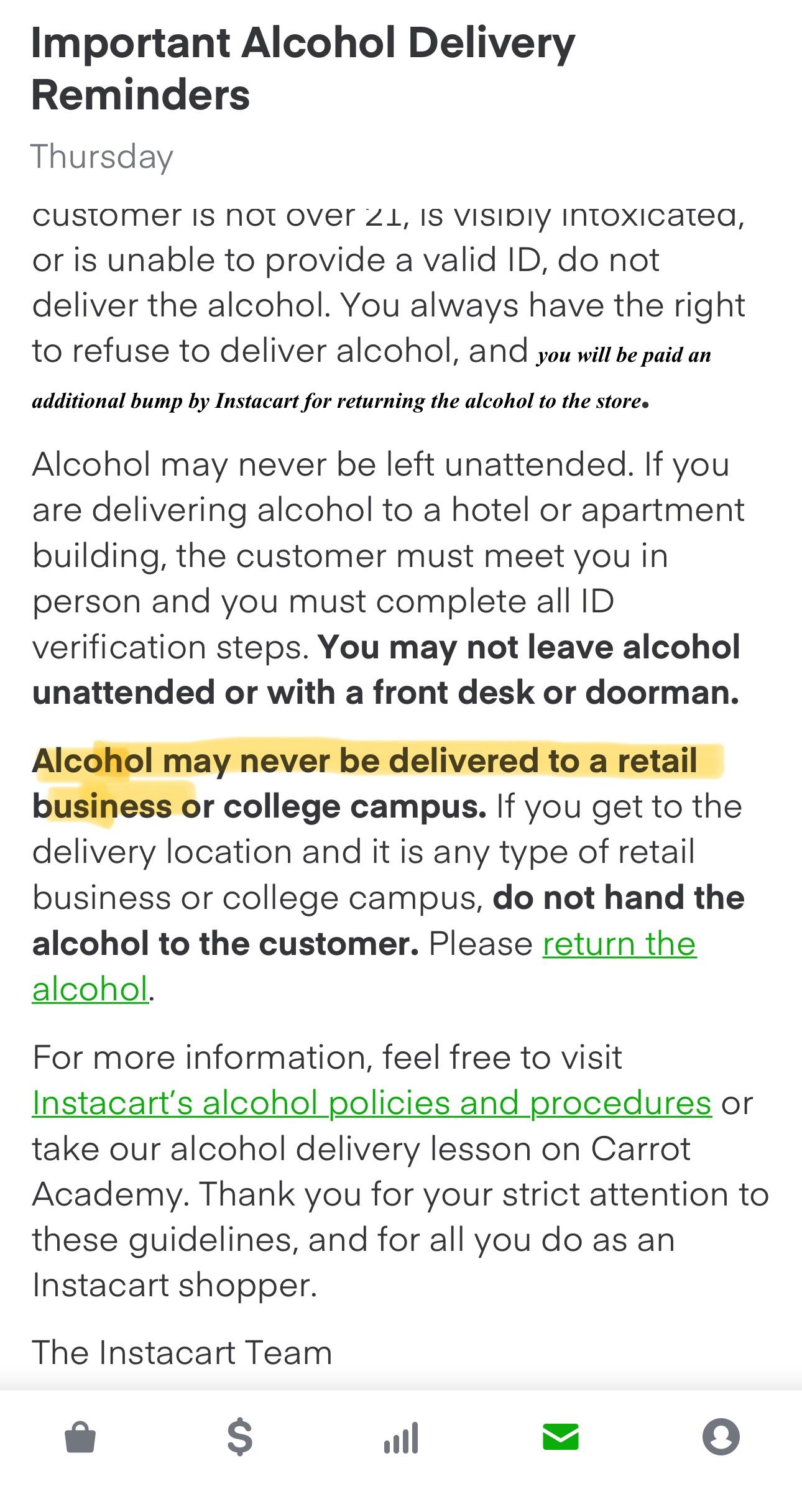 Don’t deliver alcohol to retail locations??