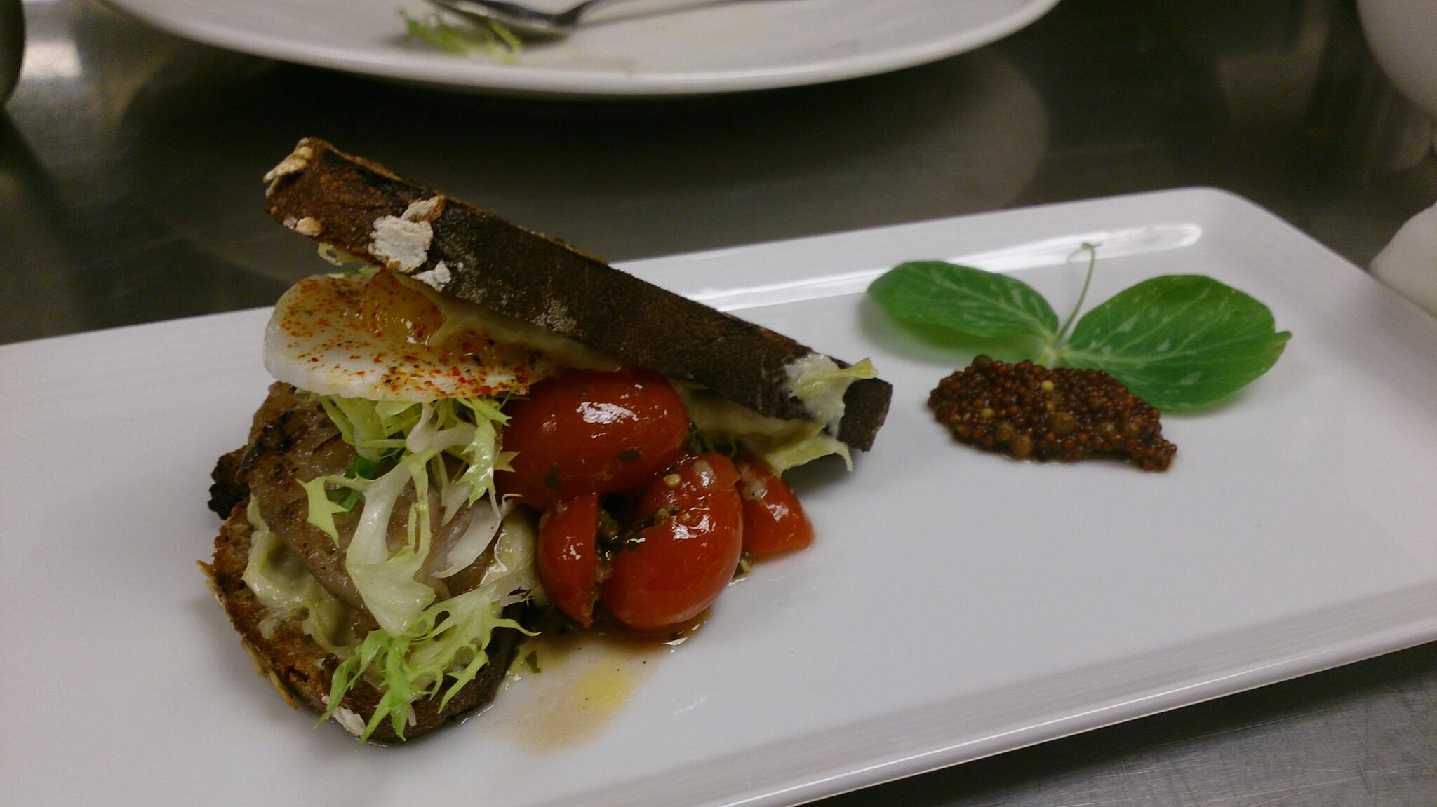 H.E.L.T sandwich smoked halibut fletching, Sunnyside quail egg