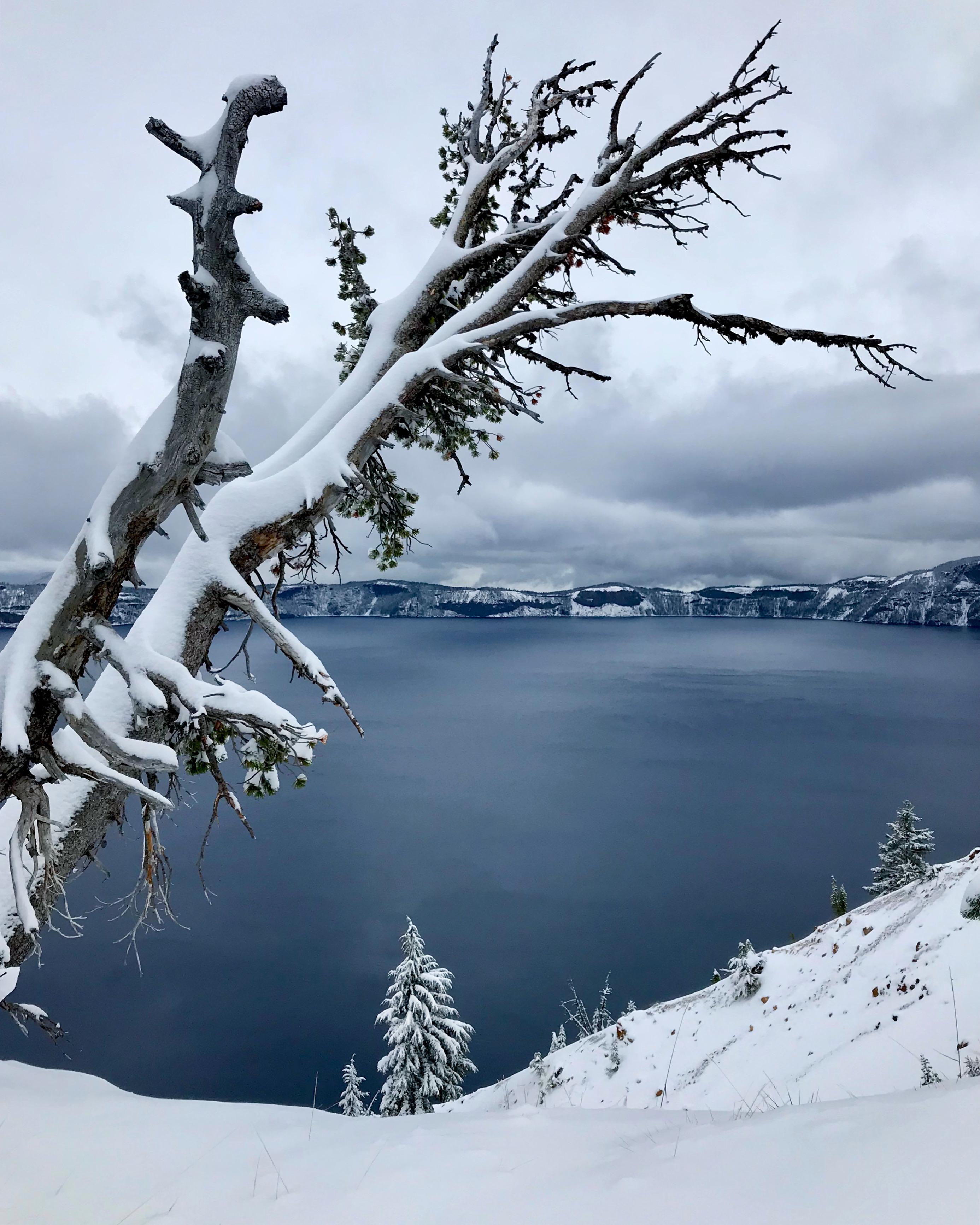 The icy blue Crater Lake after a fresh snowfall [OC][2773x3466] r