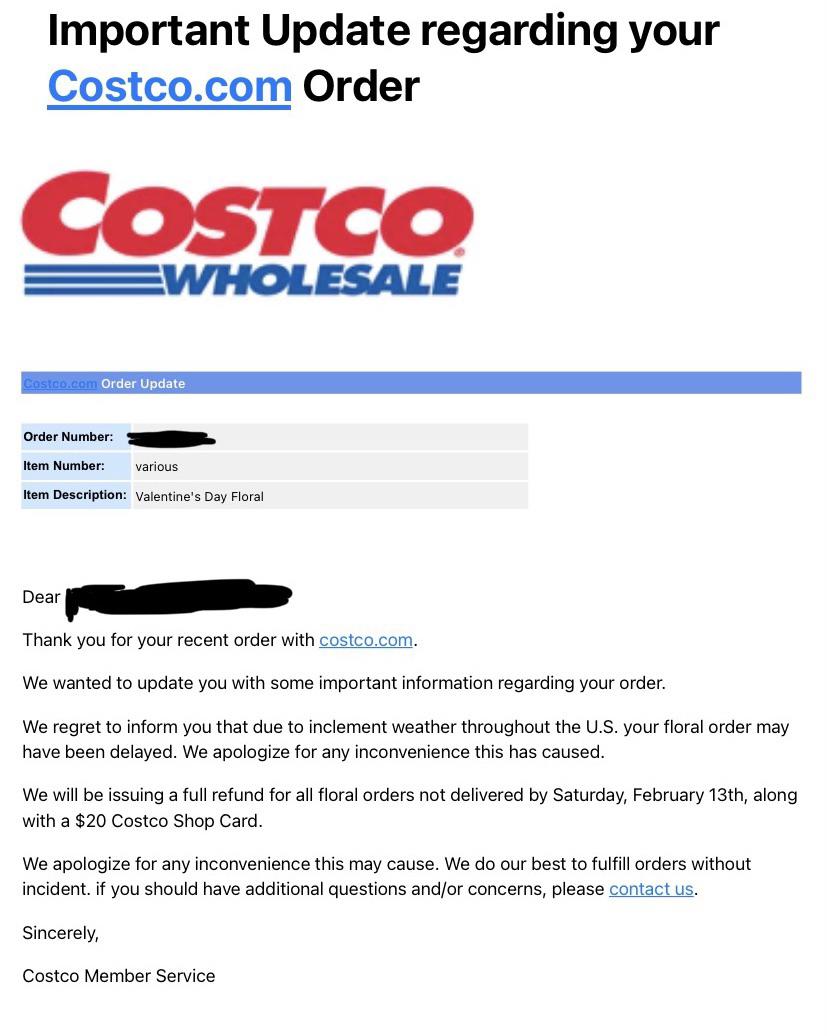 Delivery of Valentine’s Day flowers were delayed. Costco proactively