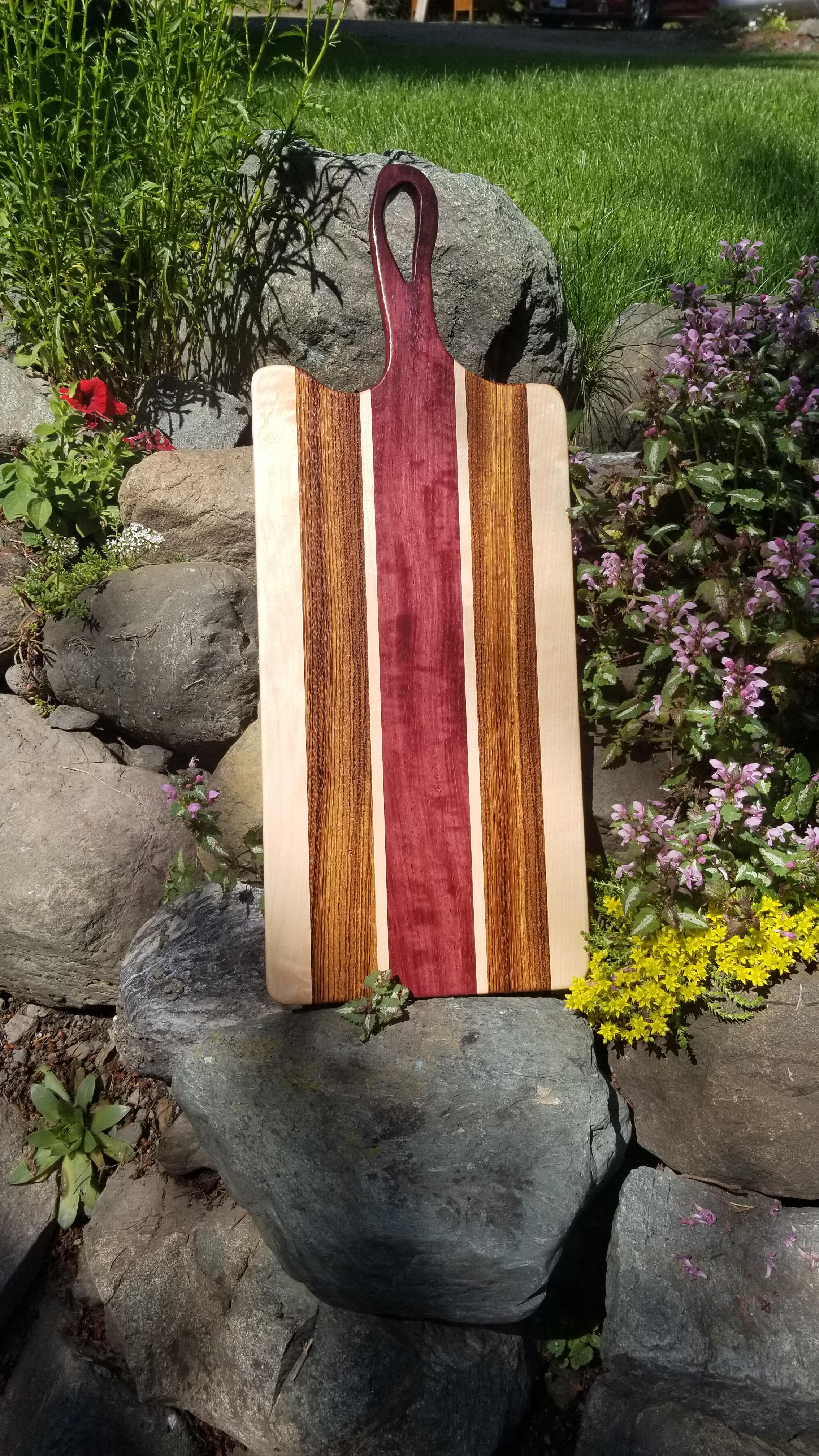Large Charcuterie board. Made with Purple Heart, Zebra Wood and Maple