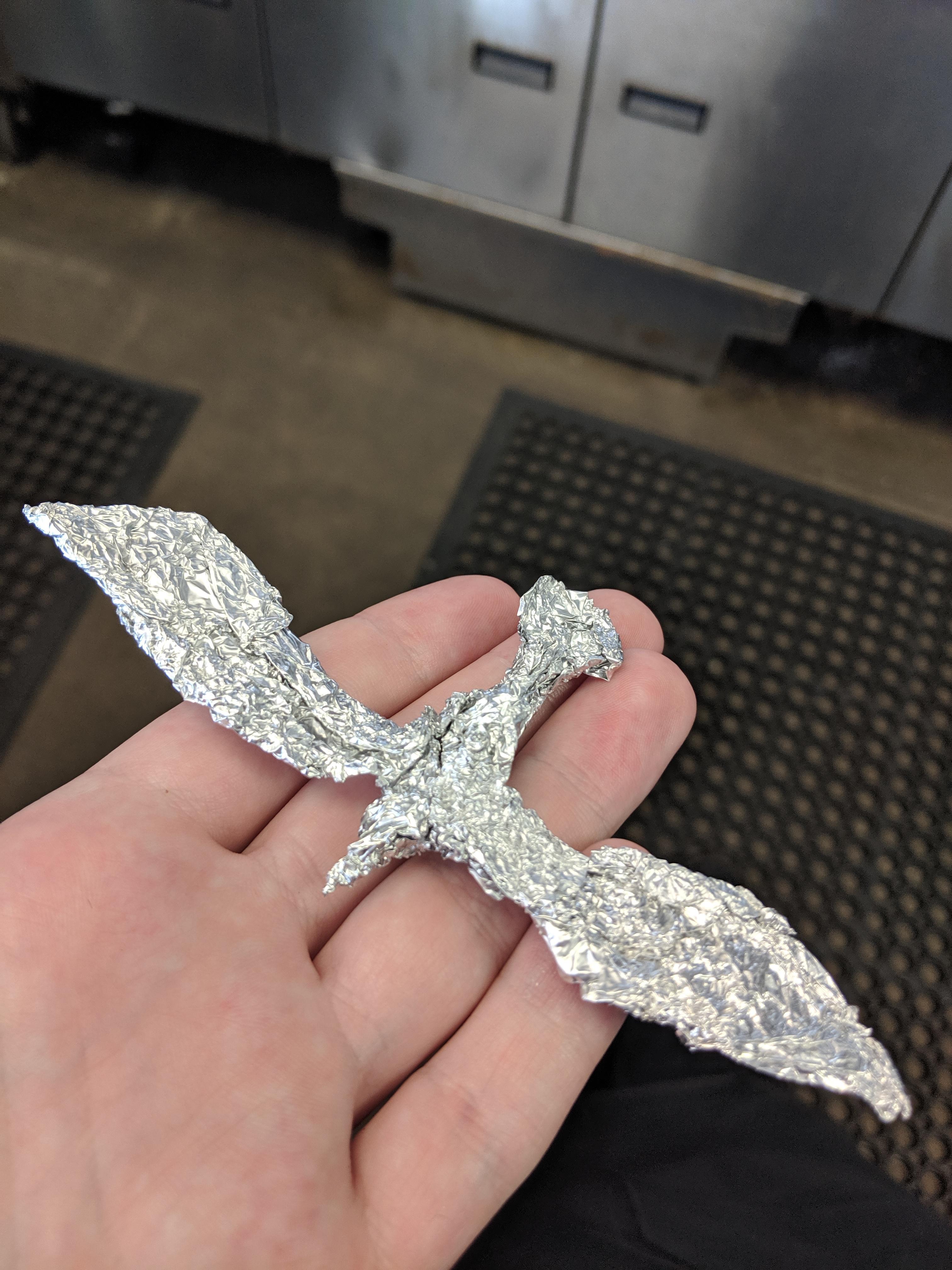 This aluminium foil bird I made at work r/mildlyinteresting