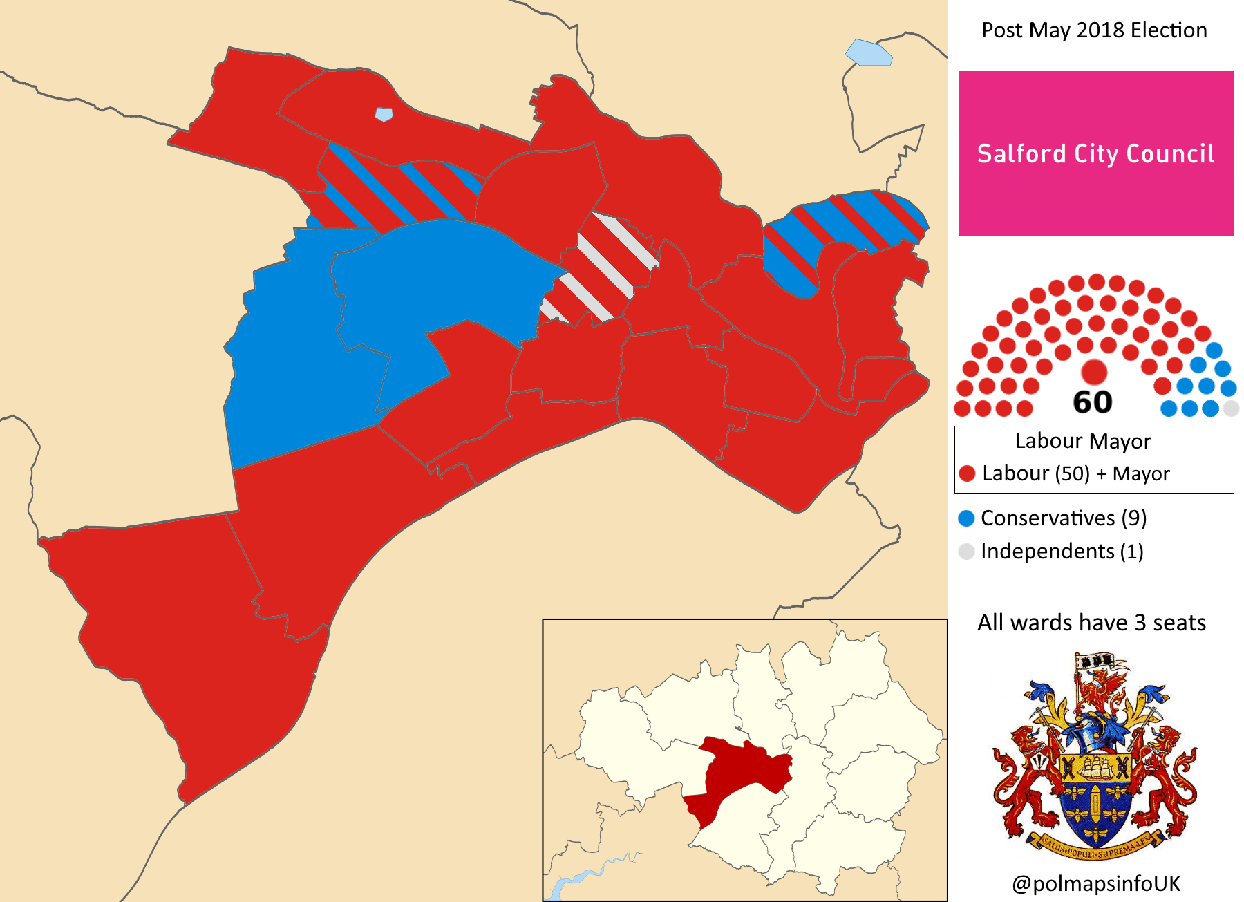 Salford City Council, Post May 2018 Election, UK r/PoliticalMaps