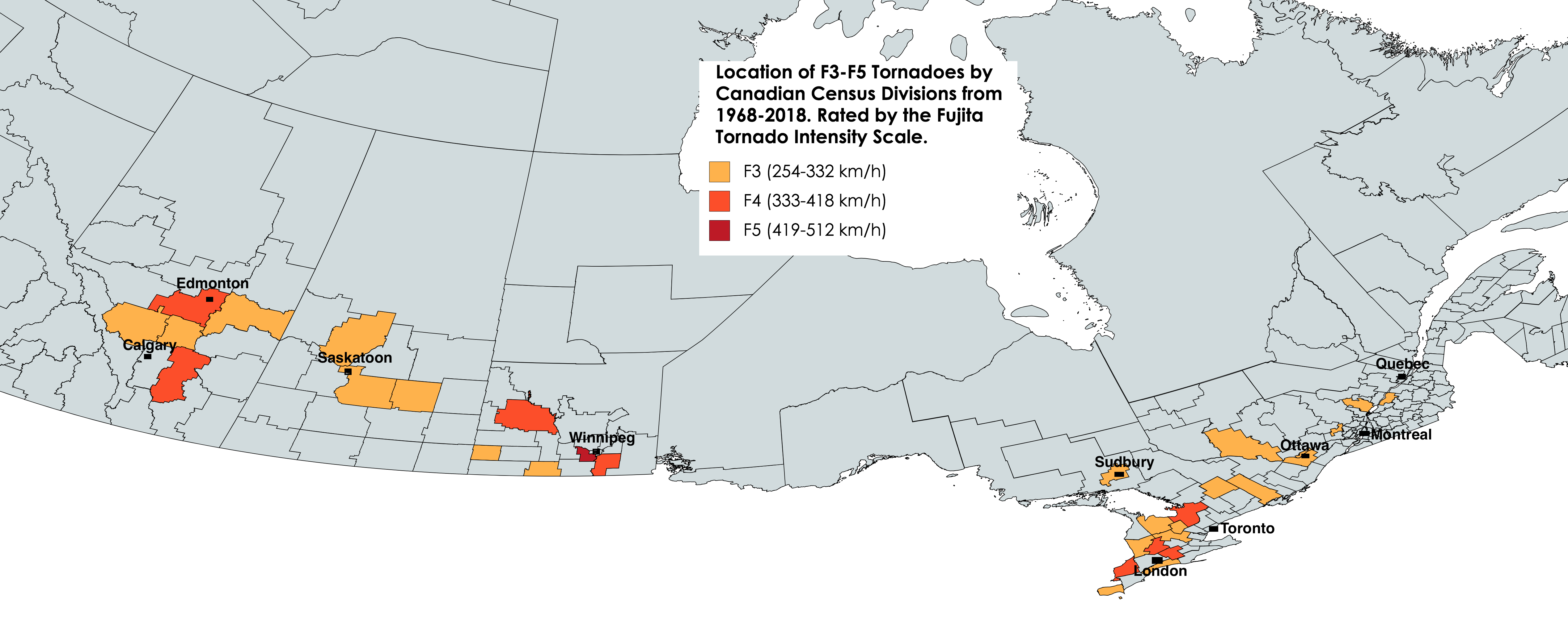 I made a map of the locations where big tornadoes occurred in Canada