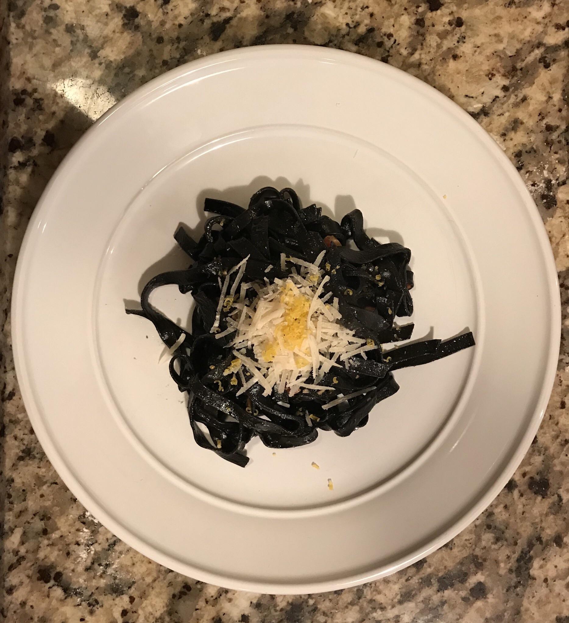 [homemade] Squid ink pasta with crispy pancetta, parmigiano reggiano