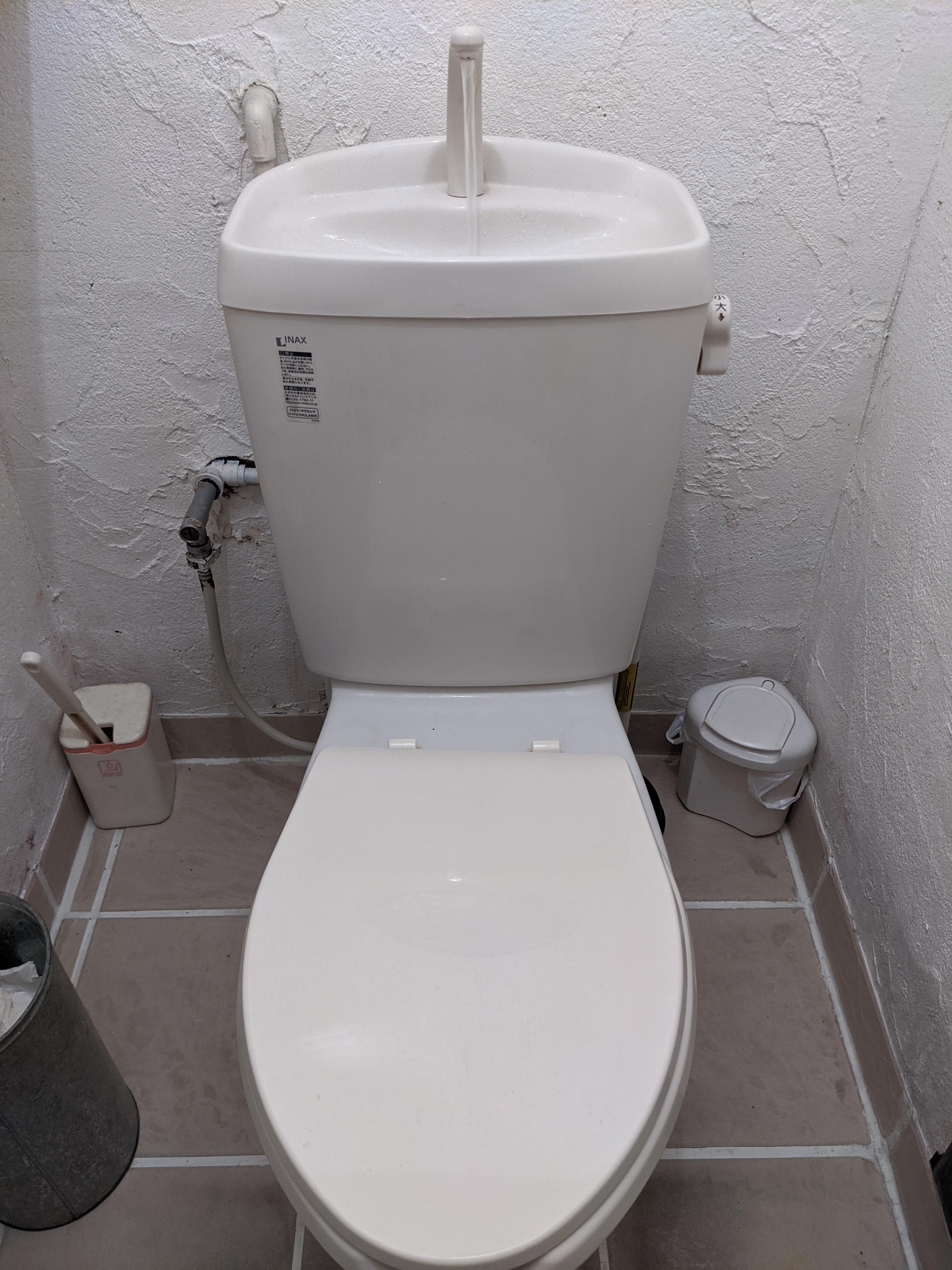 This toilet's cistern fills using a tap and sink so you can wash your