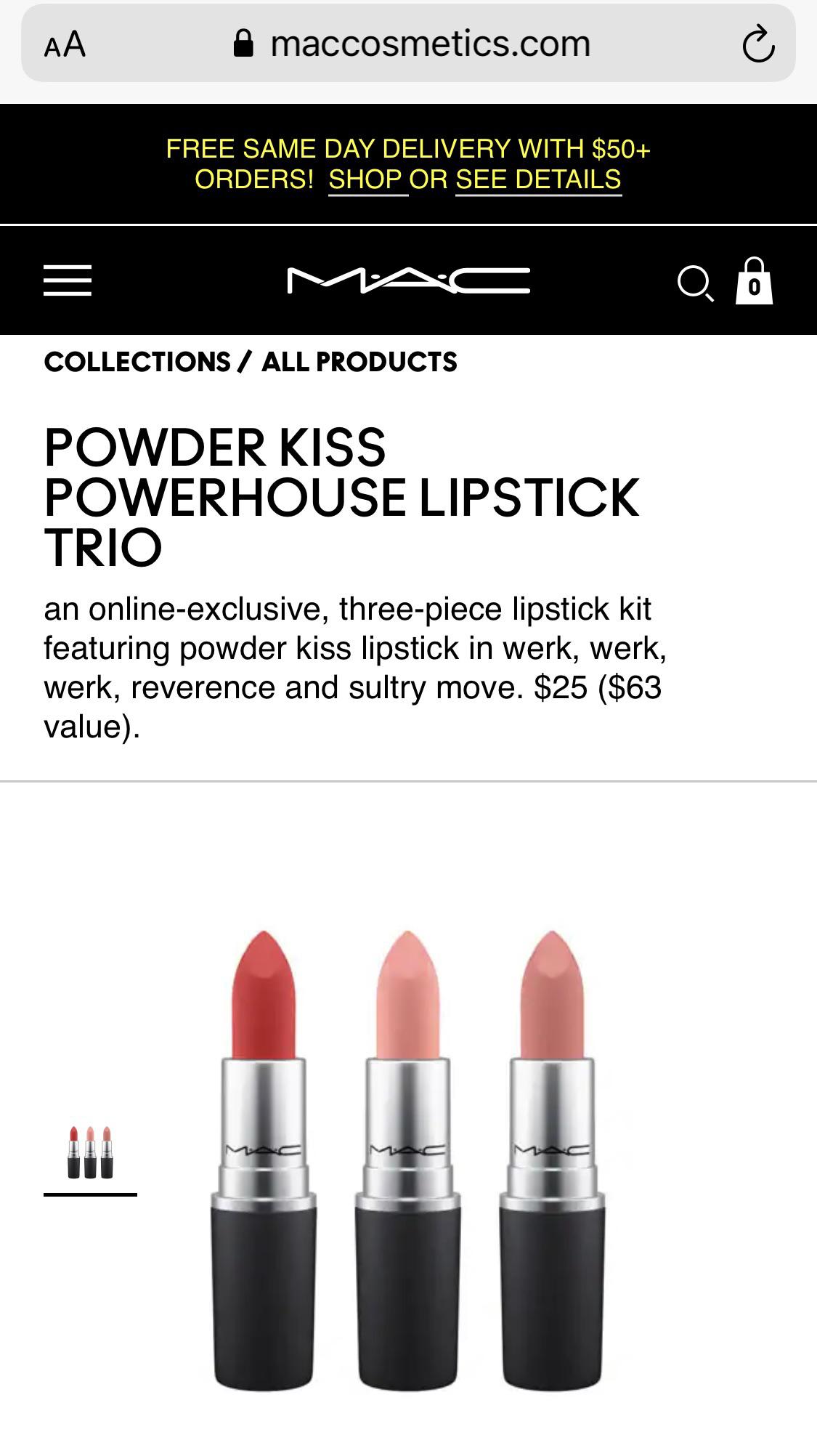 MAC Powder Kiss Powerhouse Lipstick Trio (Werk, Werk, Werk, Reverence and Sultry Move) for 25