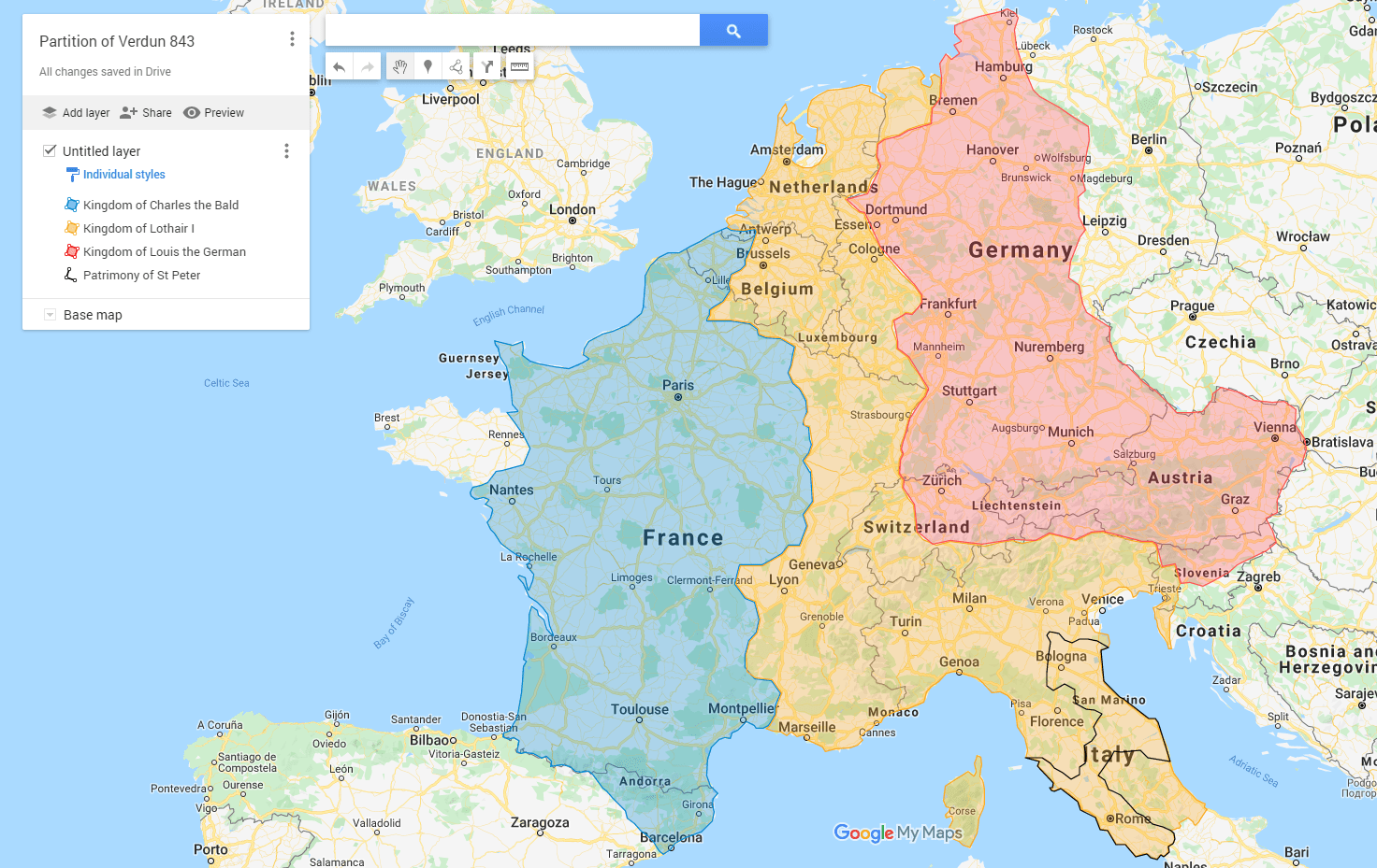 Partition of Verdun 843AD over modern Europe MapPorn