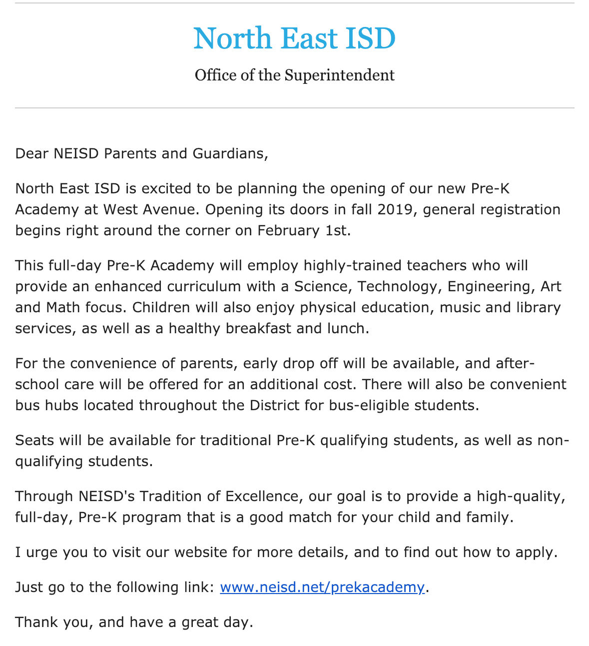 NEISD will be opening a new PreK Academy in fall 2019 r/sanantonio