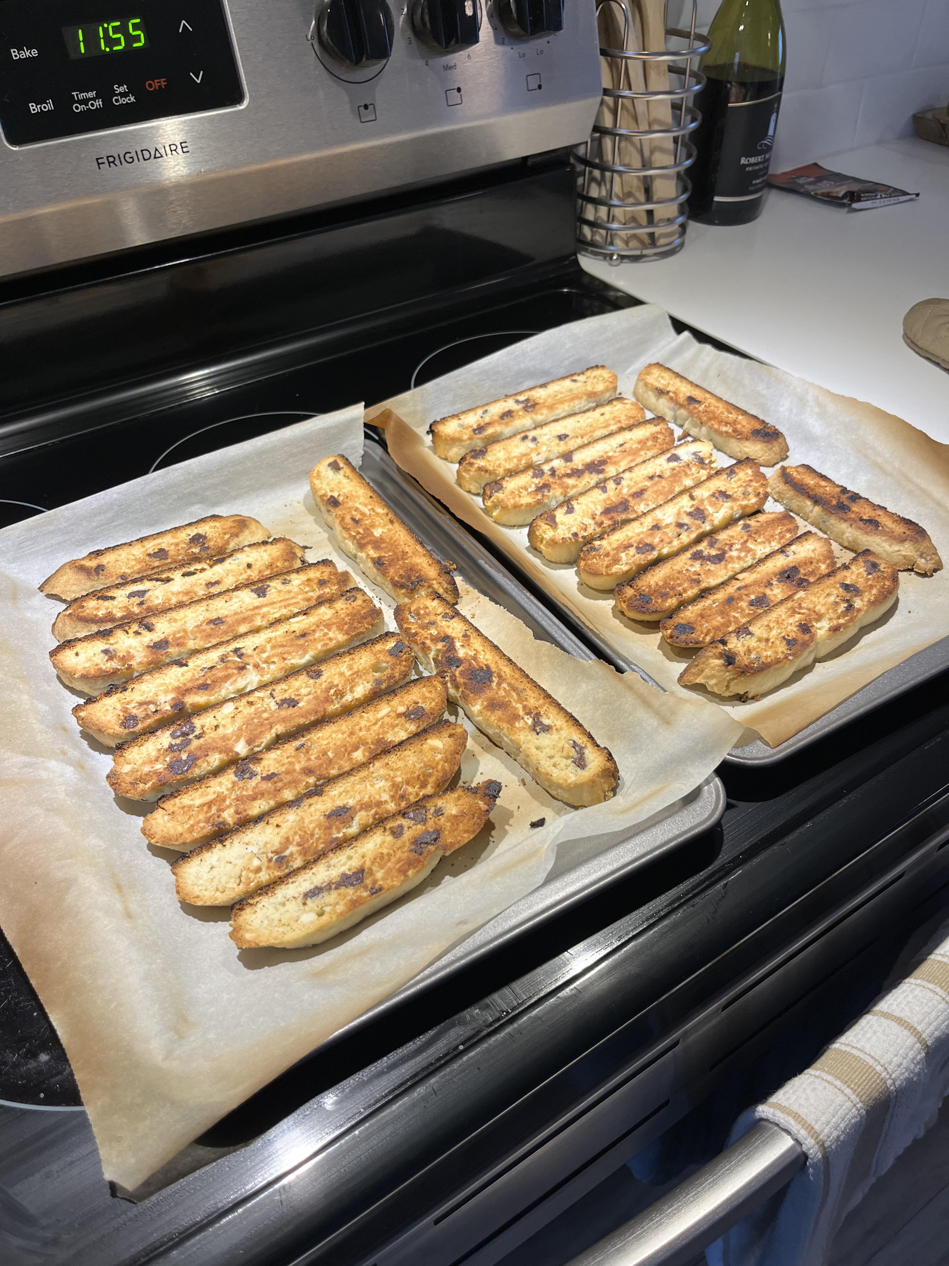 First attempt at biscotti. I’m thinking my oven is running too hot. I