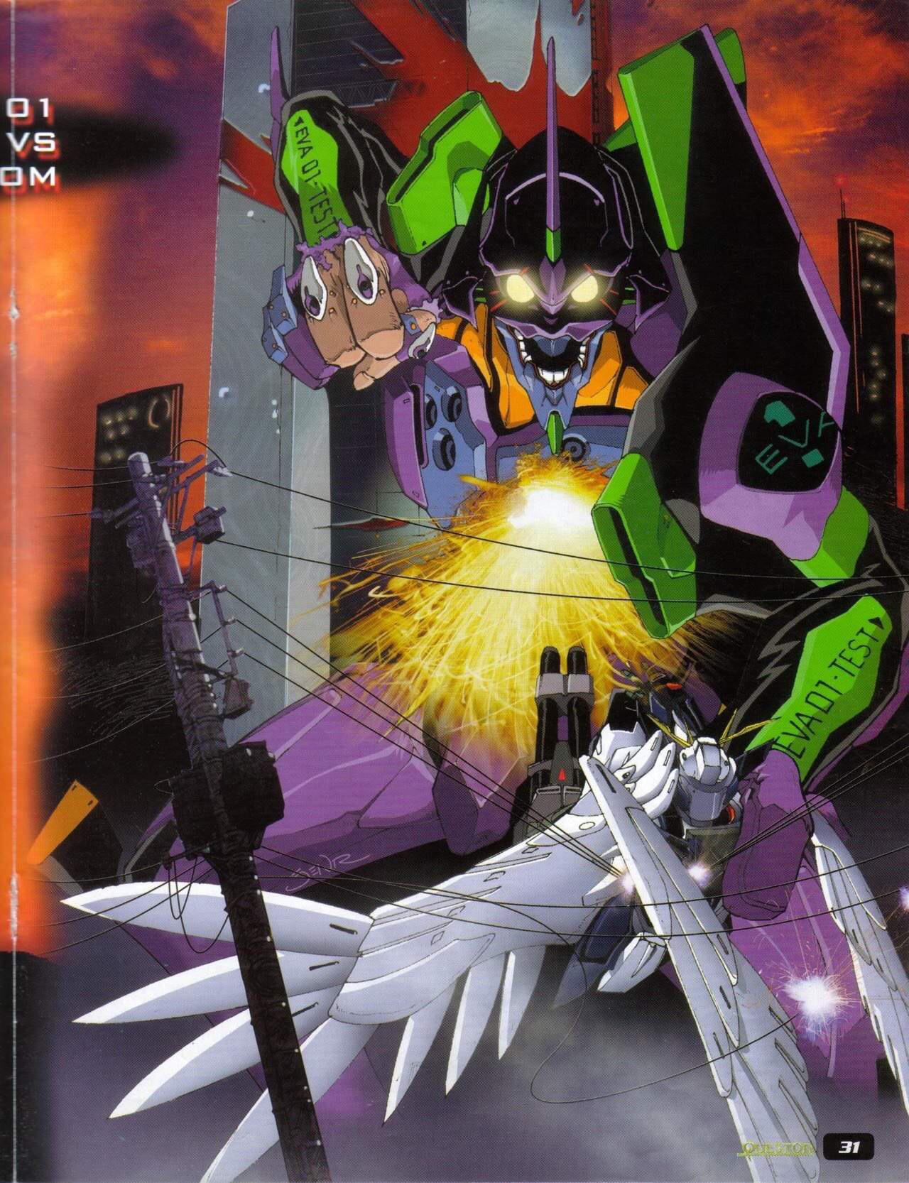 I always liked this art of Eva Unit 01 defeating Wing Zero Custom, now